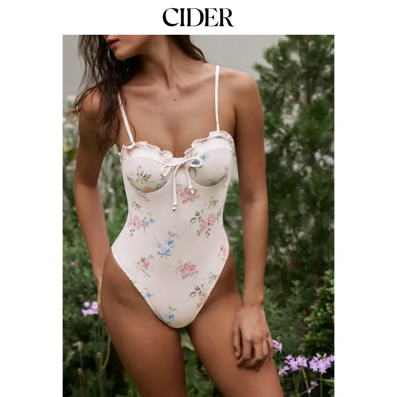 Cider Floral Sweetheart Lettuce Trim Beaded One Piece Swimsuit