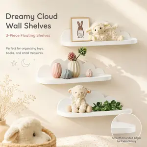 3 Pack White Cloud Floating Wall Shelves, Round Edge Wooden Wall Mount Shelf, Nursery Wall Decor for Toys, Books & Small Ornaments Display