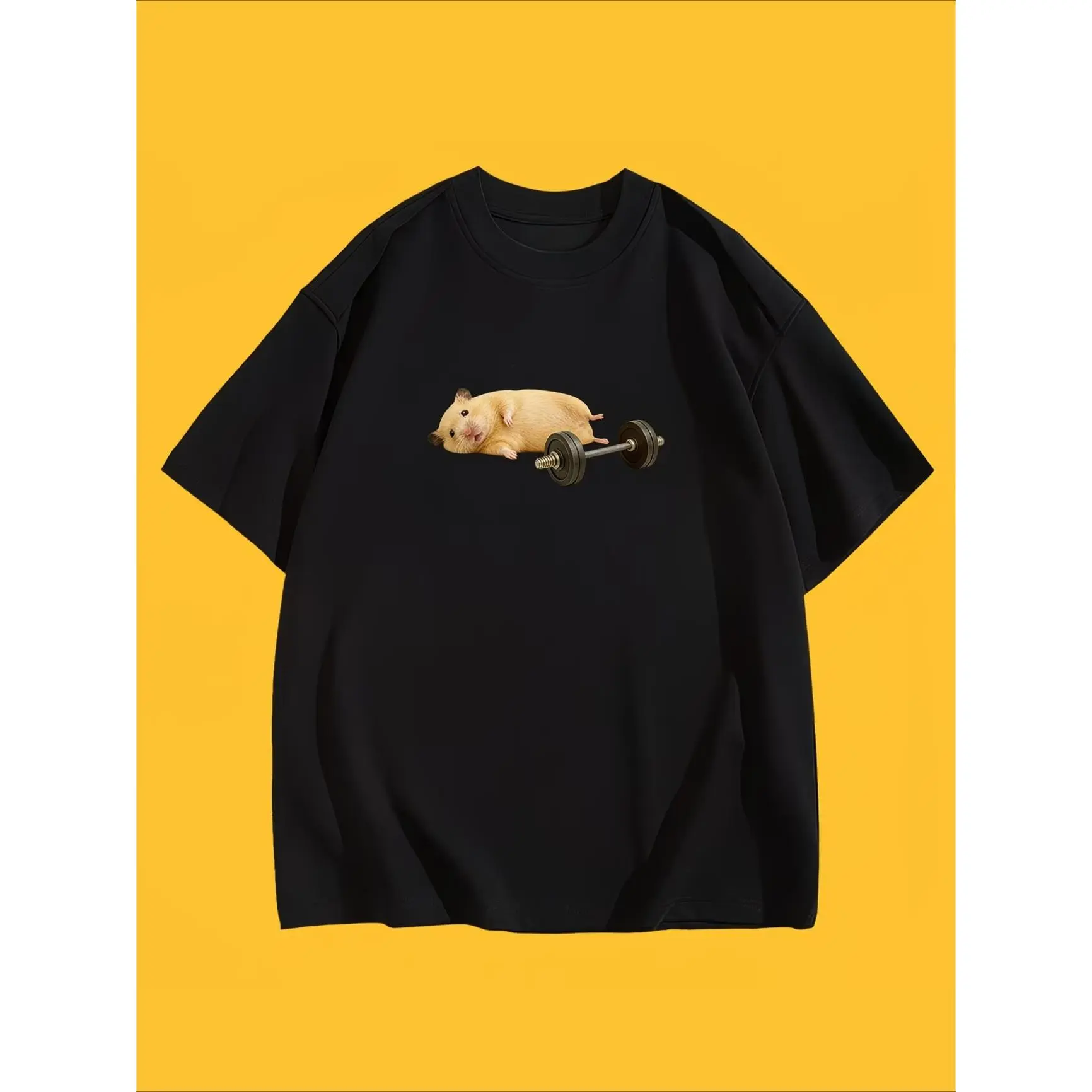 Men's Oversized Cotton Short-Sleeve T-Shirt - Hamster Lifting Dumbbell Funny Graphic, Breathable Casual Tops, Cute Pet Meme Menswear, Ideal Gift for Gym Lovers