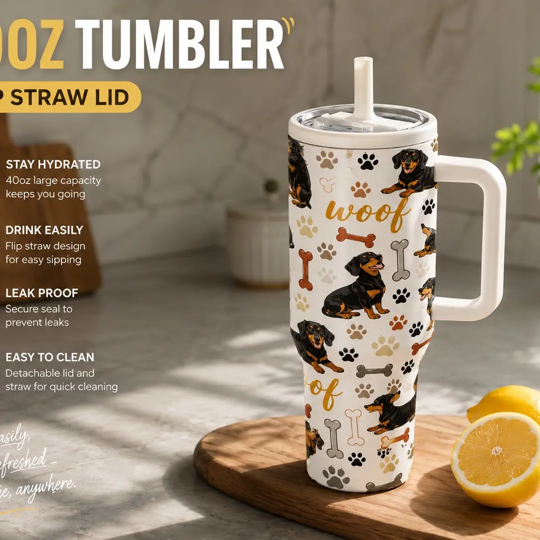 1PC 40oz Dachshund Dog Paw Bone Pattern Insulated Tumbler with Handle & Lid, Double Wall Vacuum Leak-Proof Travel Mug, Hot 12H Cold 24H, Large Capacity Cup for Men Women, Birthday Christmas Pet Lover Gift