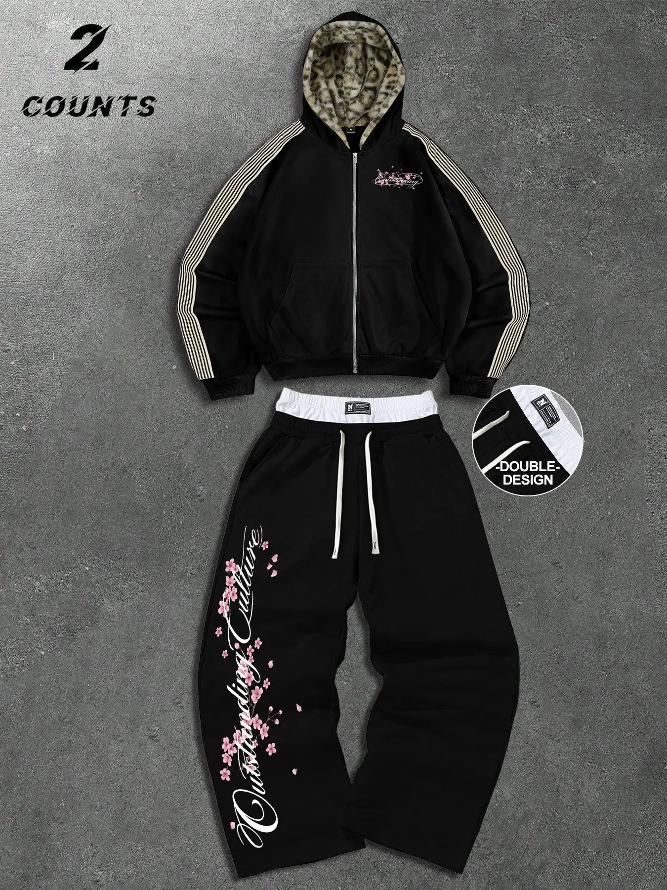 Y2K Japanese Streetwear 2 Piece Tracksuit Set for Women Men: Leopard Print Lined Zip Up Hoodie with Cherry Blossom Graphic & Double Waistband Baggy Sweatpants Casual Matching Sweatsuit Outfit
