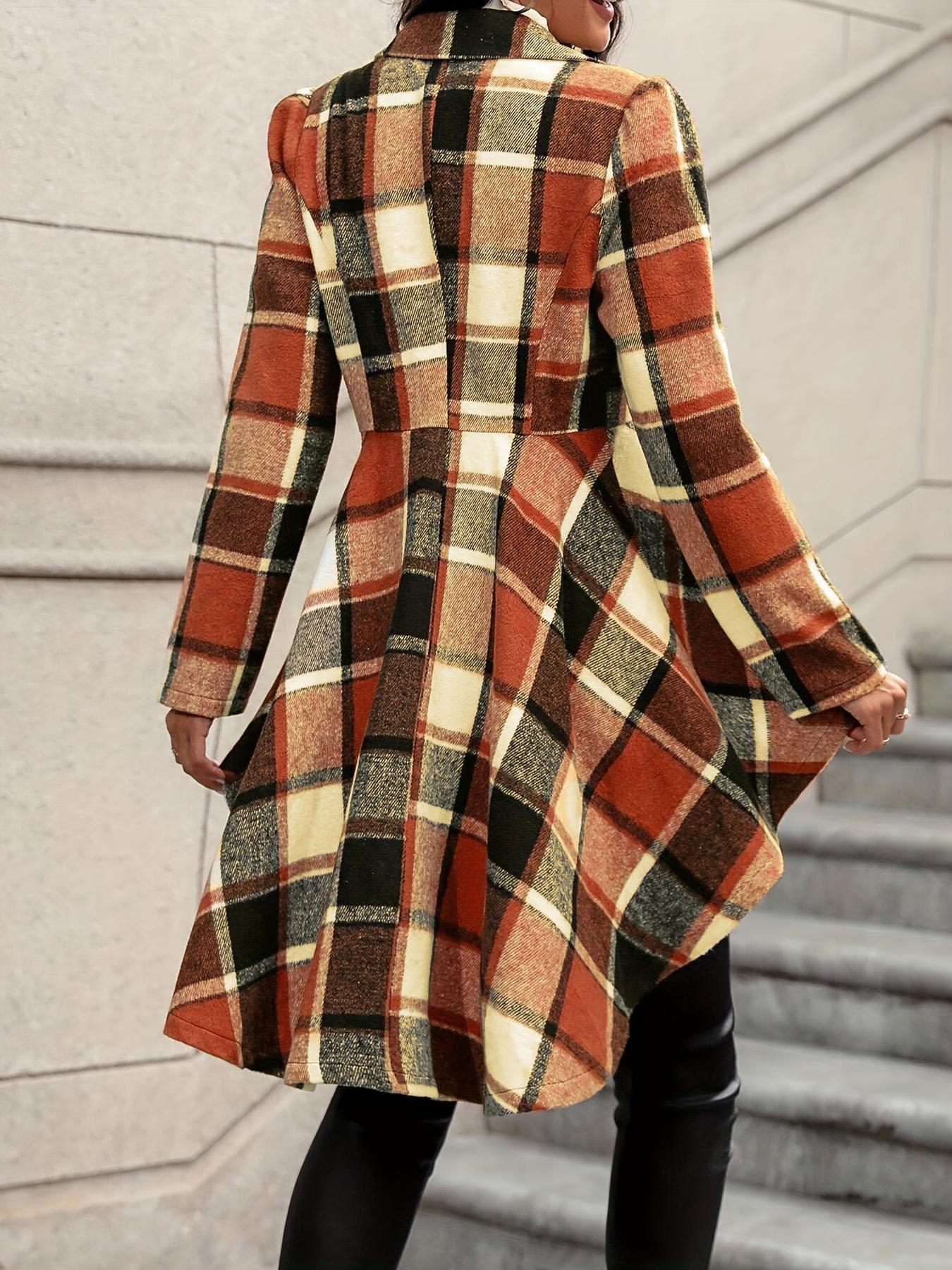 Women's Plaid Print Button High Low Hem Fitted Jacket Coats, Casual Long Sleeve Lapel Neck Open Front Outerwear for Fall & Winter, Ladies Clothes for Daily Wear, Womenswear