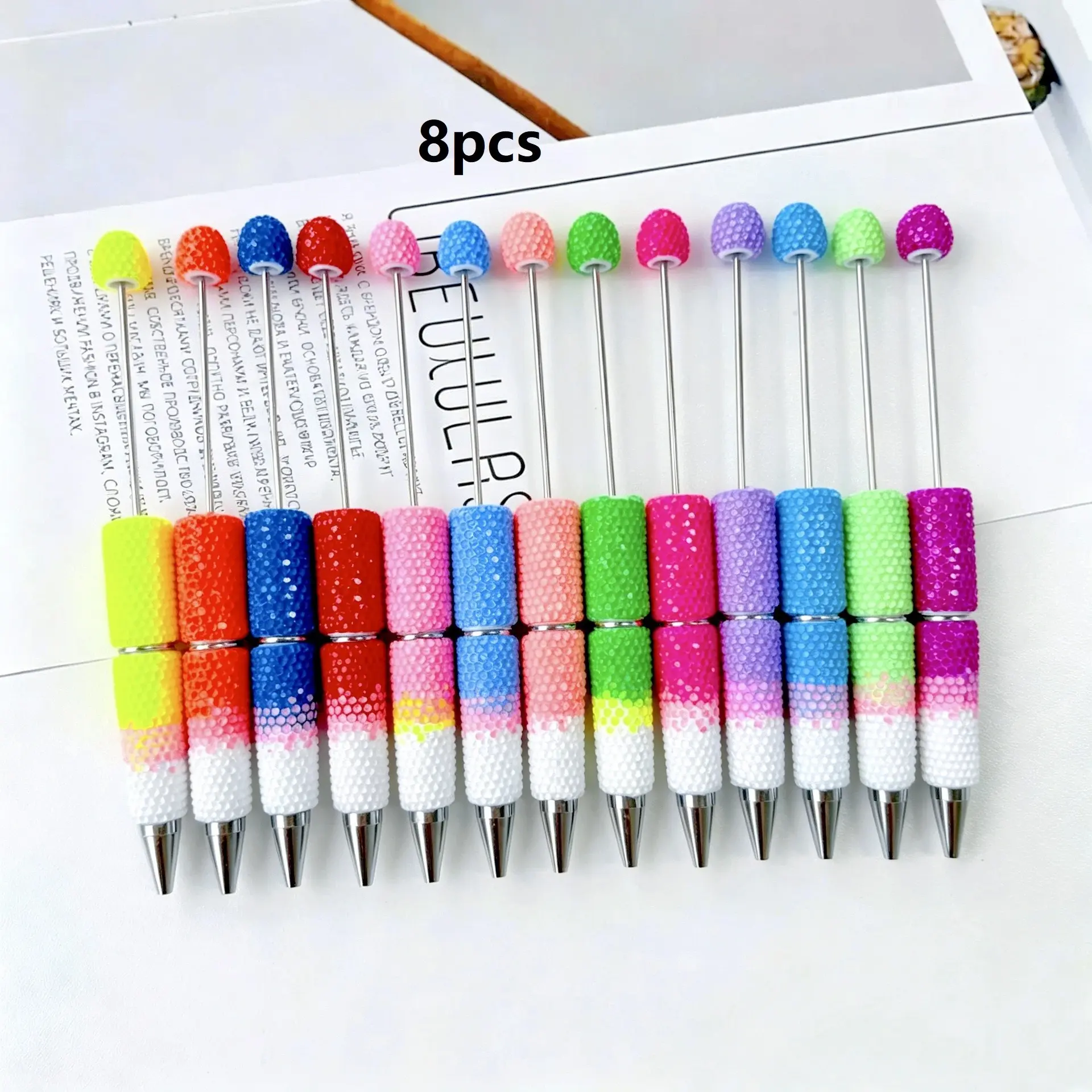 8pcs DIY Fluorescent Gradient Full Rhinestone Beaded Pens, cute pens, Pen Set, Ink, Creative Water Drizzle Luminous Ballpoint Pen, Party Gift, Multifunctional Writing Atomizer, Jewelry Kit Student Gift