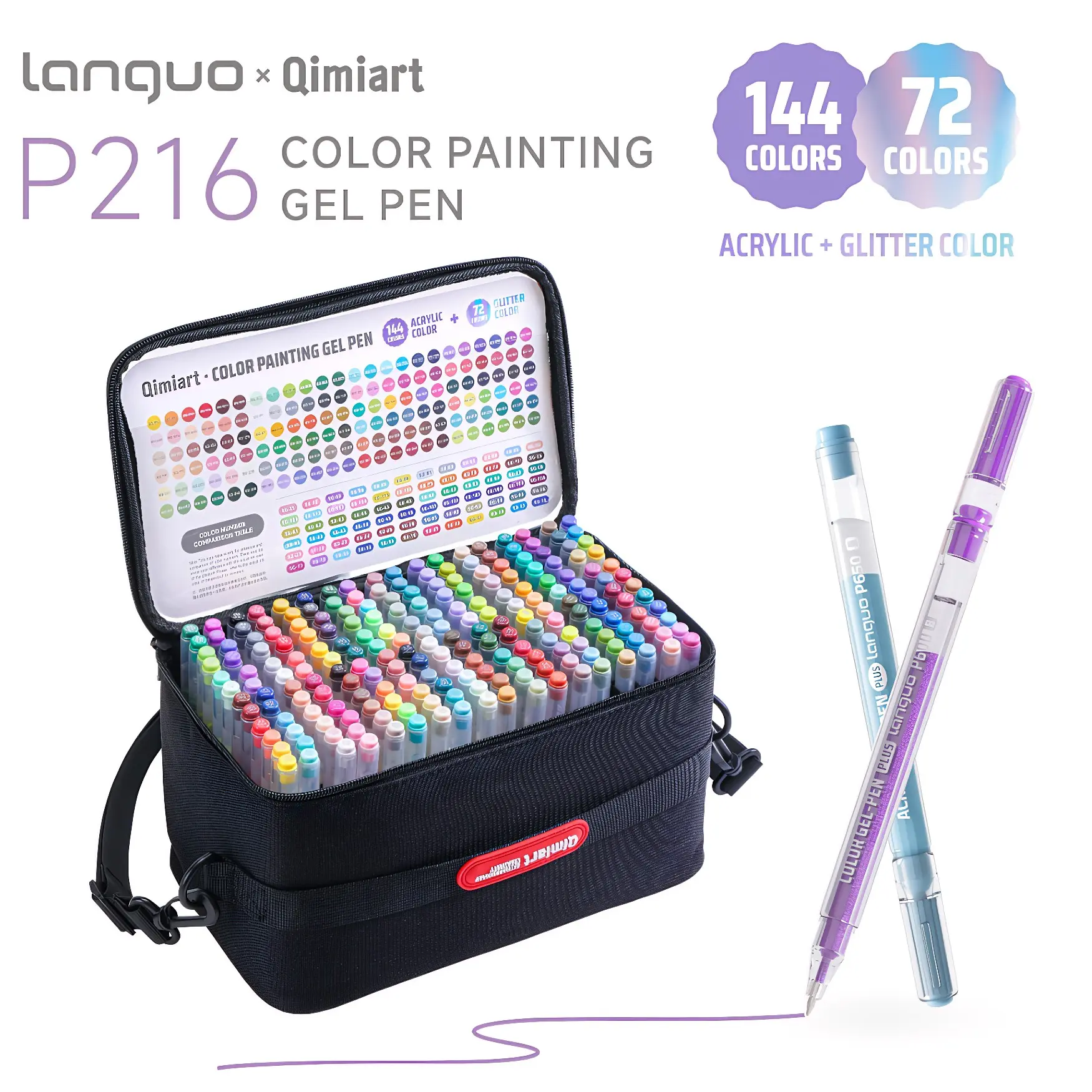 Languo 216pcs Colorful Gel Pen Set, 144 Acrylic + 72 Glitter Pens, Handheld Storage Bag, 1.0mm Tip, Rich Colors, Large Capacity Ink