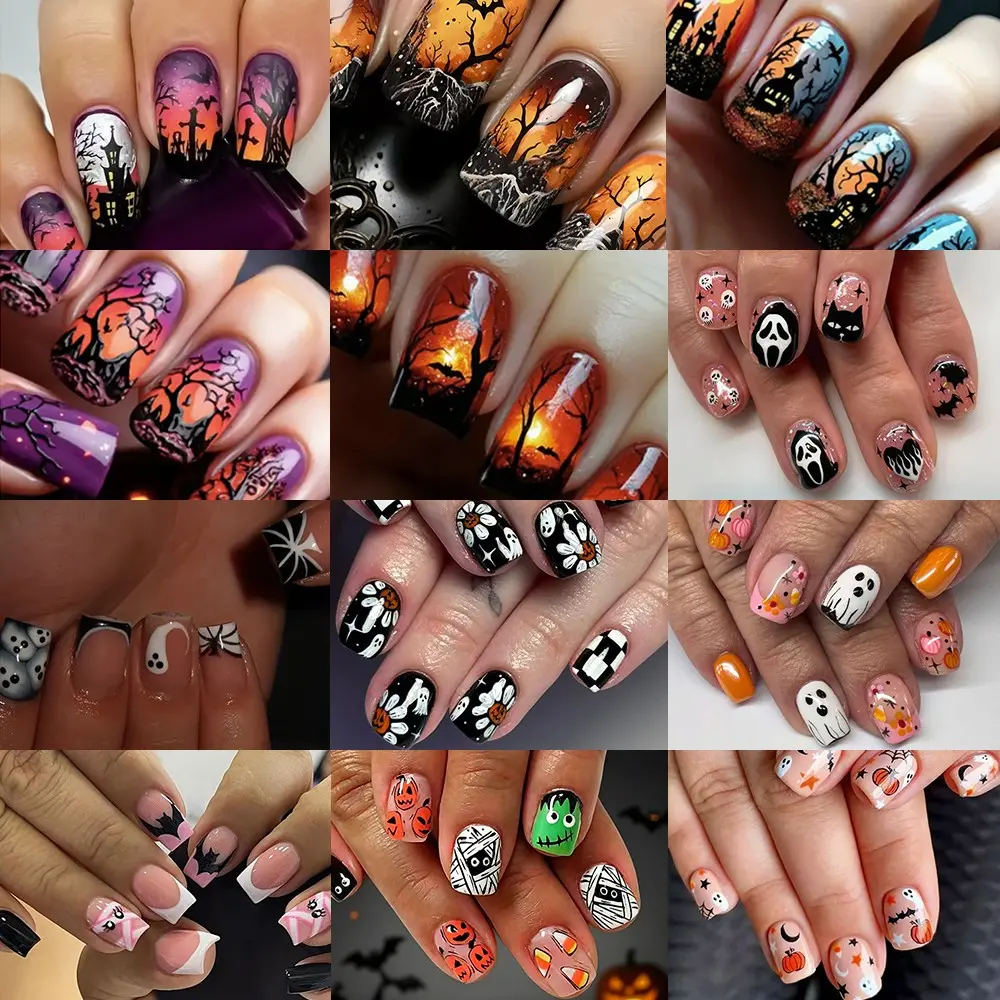 288pcs Halloween Nail Art Set, Short Square Nails, Ghost, Mummy, Blood Drop, Bat, Spider Web, Pumpkin Design, Includes Glue and File