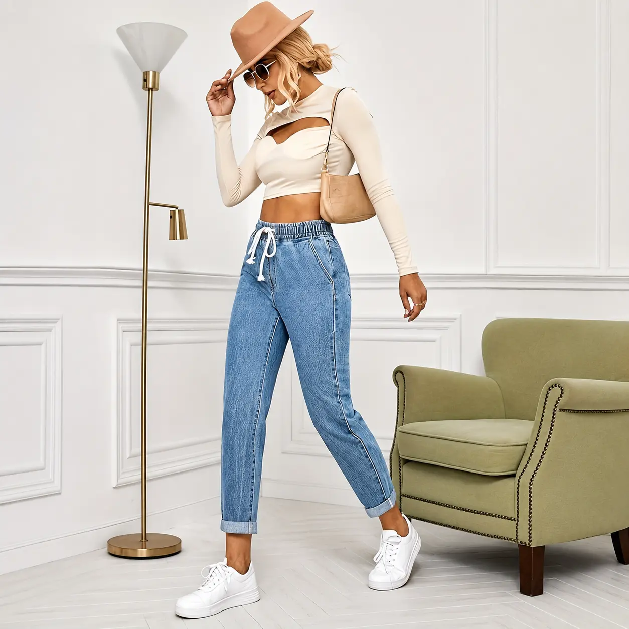 Basic Short Length Jeans for Women, Light Wash Relaxed Tapered Denim with a Drawstring Waist and Rolled Cuffs