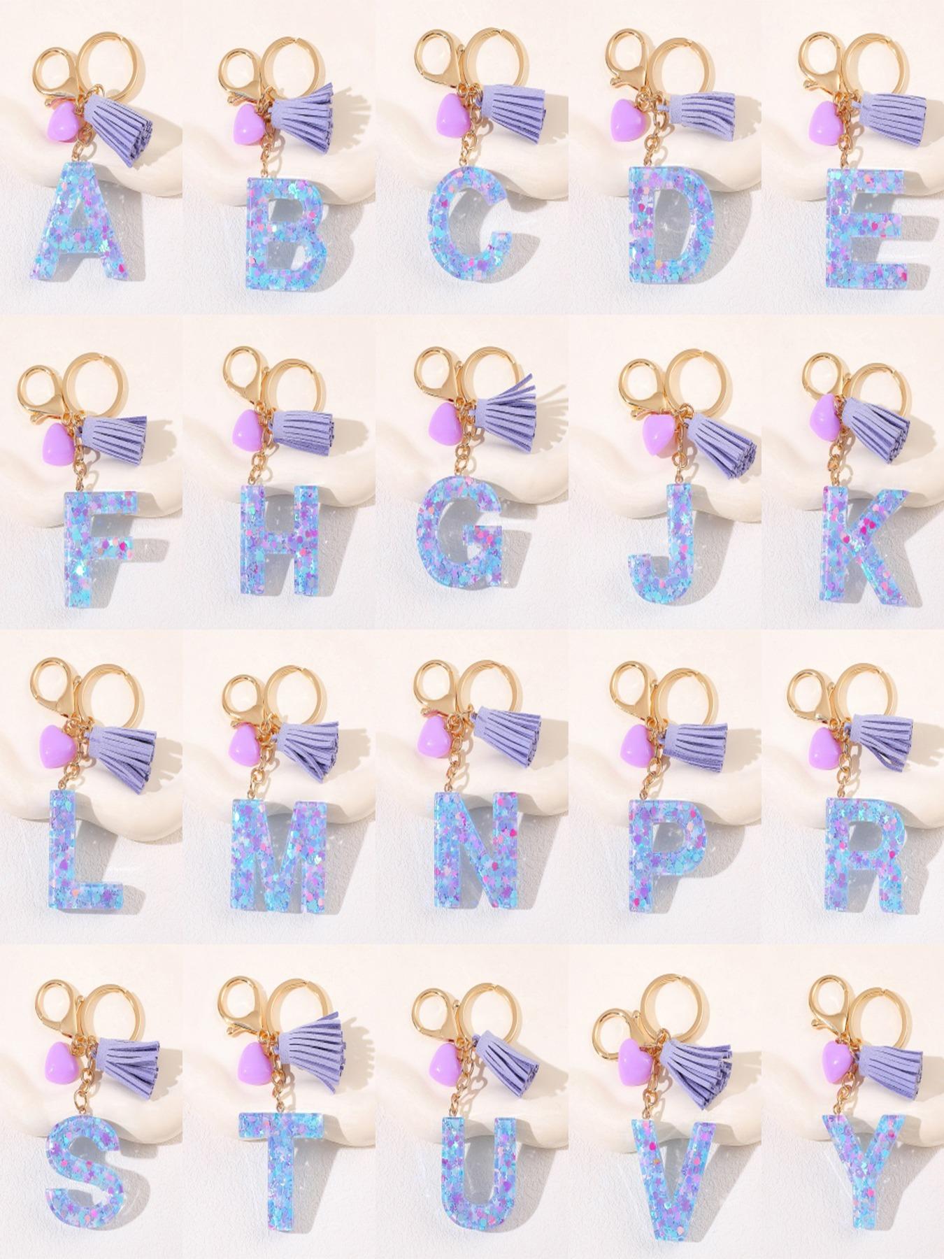 Initials Letter, Cute Heart Tassel Decor Resin Charm with Key Ring, Trendy Cute Keychain, Fashion Accessories for Women & Girls, Unique Gift Idea for Friends and Family