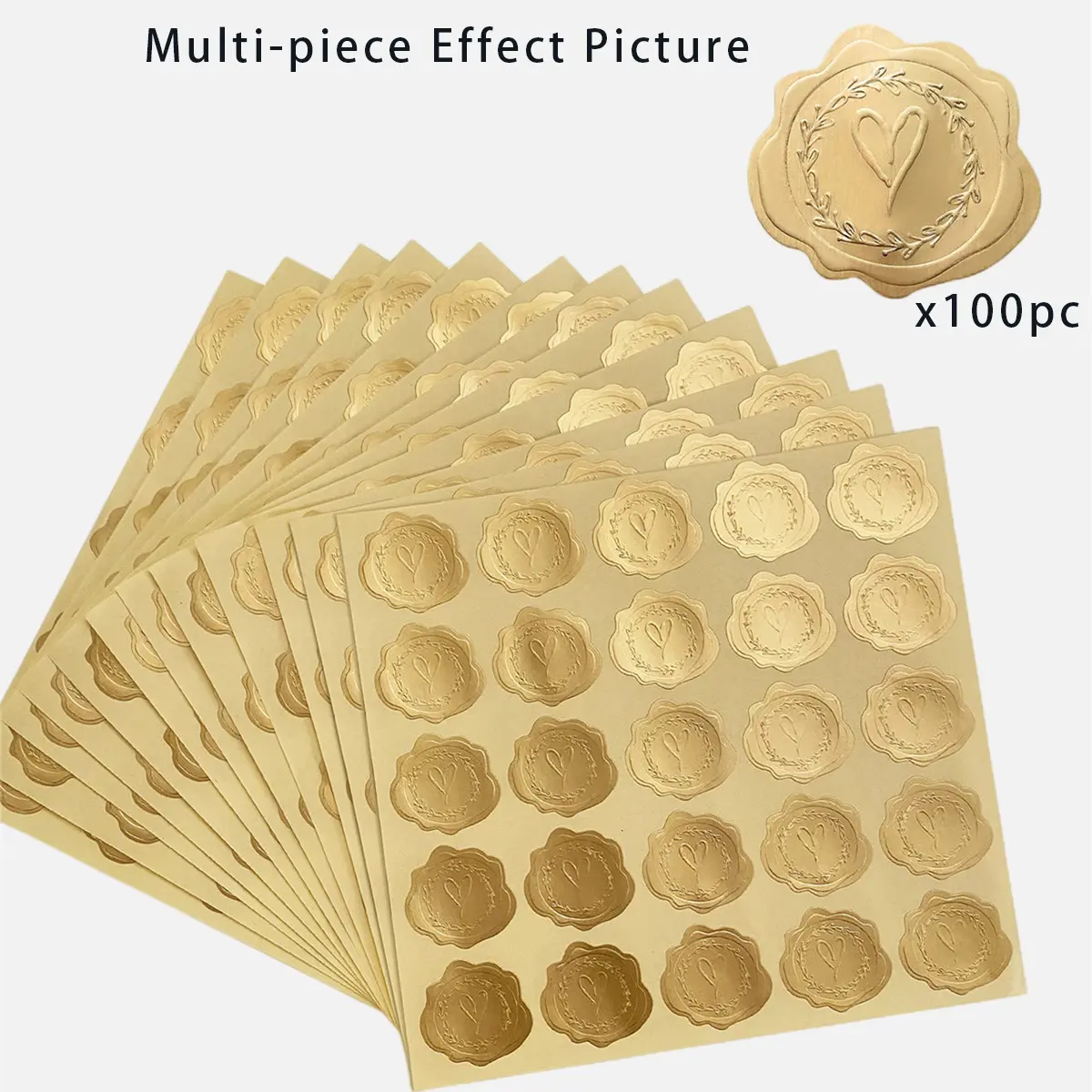 100 Pieces Gold Embossed Heart Envelope Seals, Self-Adhesive Gold Foil Wax-Looking Stickers for Wedding Invitations, Valentines Day, Greeting Cards, Party Favors and Gift Packaging
