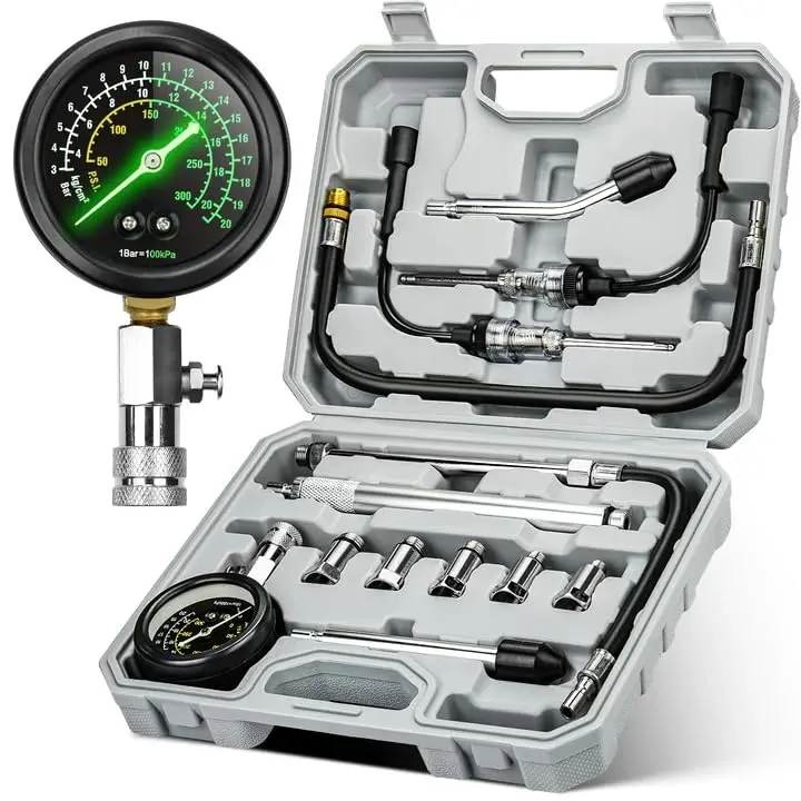 Professional Compression Tester Kit with Fluorescent Gauge - 300 PSI Max Triple-Scale, 2 Spark Plug Testers, 13-Piece Set for Cars, Trucks, Small Gas Engines Pressure Check piston press tool magnetic storage hook