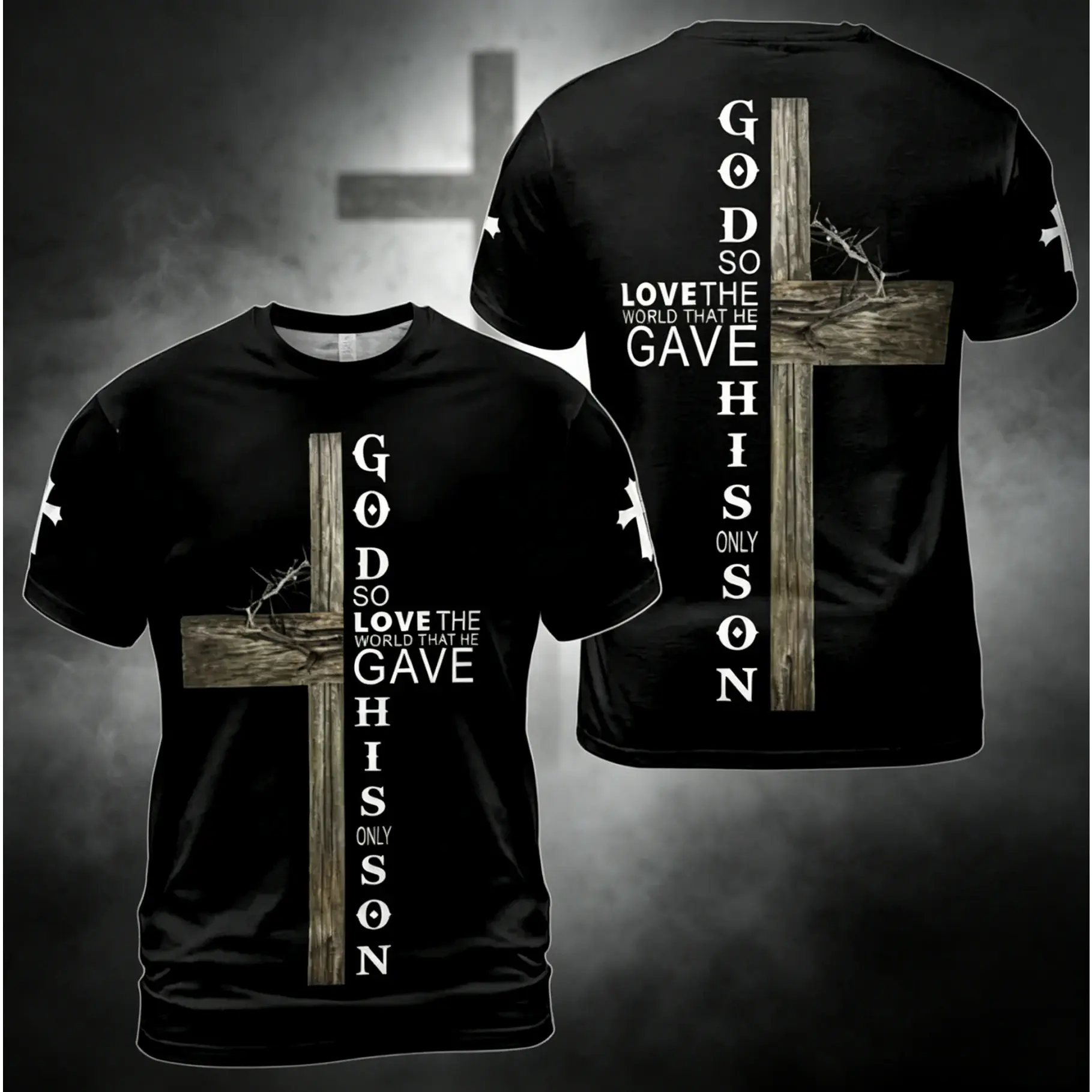 Christian Faith Unisex Crewneck T-shirt, John 3:16 Wooden Cross Thorn Crown Double Sided Printed Tee,Religious Casual Short Sleeve Tee For Church Worship Daily Streetwear #   TikTokMadeMeBuyIt #   TikTokShop # ChristianTee # BibleVerseClothing