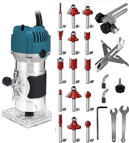 110V Router Tool, 800W Wood Trim Router, 30000RPM Electric Hand Trimmer, Palm Router with 15x 1/4" Router Bits & 2x Trim Guides for Woodworking Tools, Adjustable Base Height w/Scale