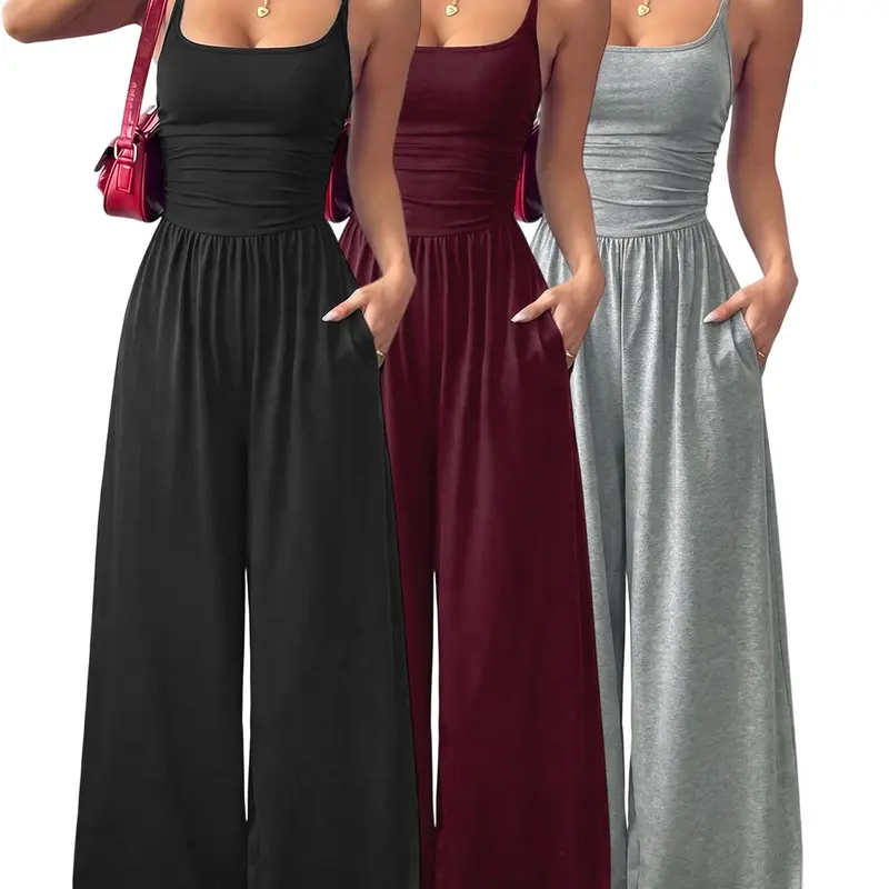 Women's 3-Pack Jumpsuits, Sleeveless Square Neck, Wide Leg Rompers with Side Pockets, Soft Casual Everyday for All Seasons