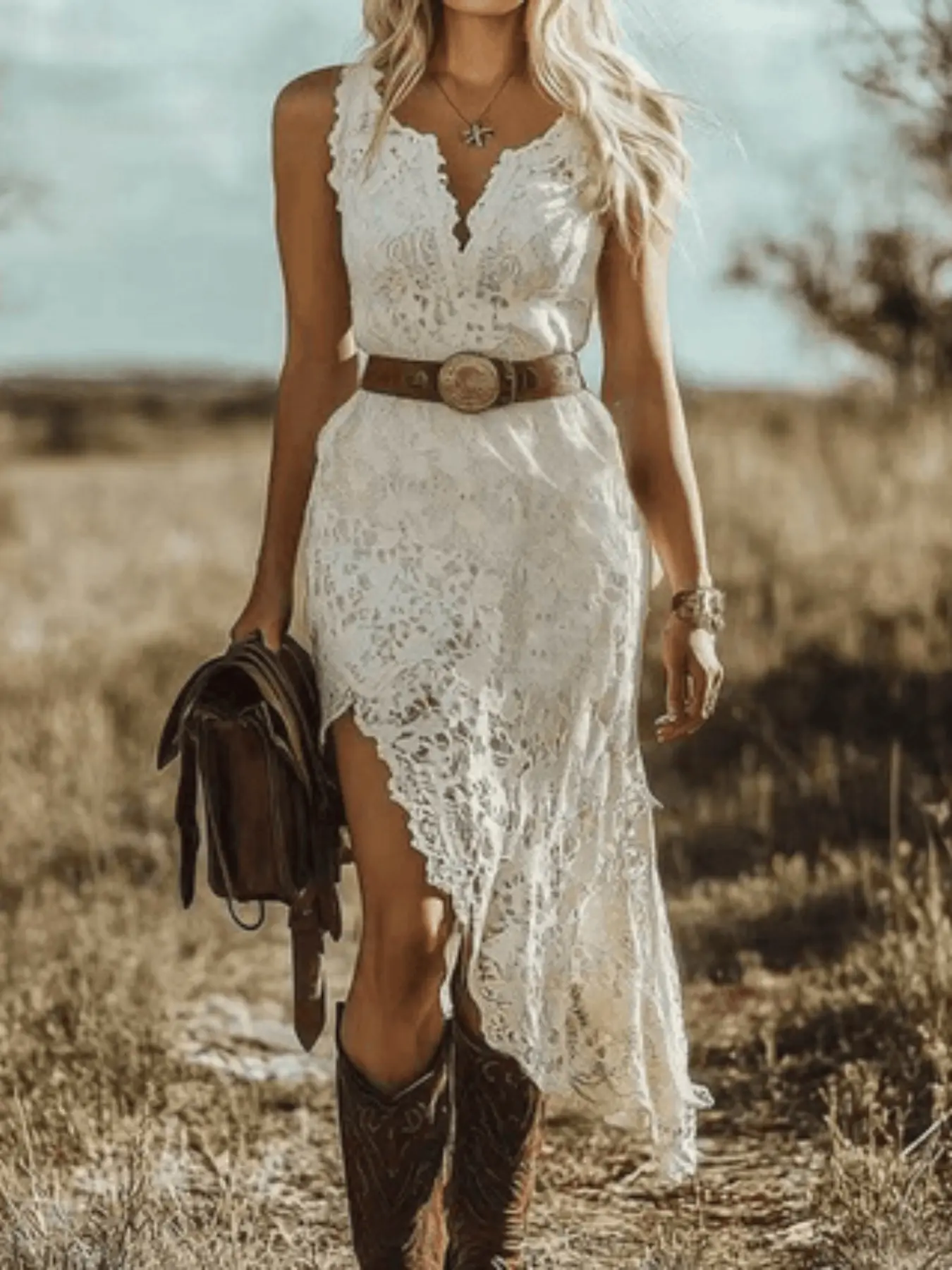 Women's V-Neck Sleeveless Ruffle High Split Long Lace Dress with Belt, Bohemian Western Cowboy Style, Perfect for Outdoor Adventures and Summer Vacations