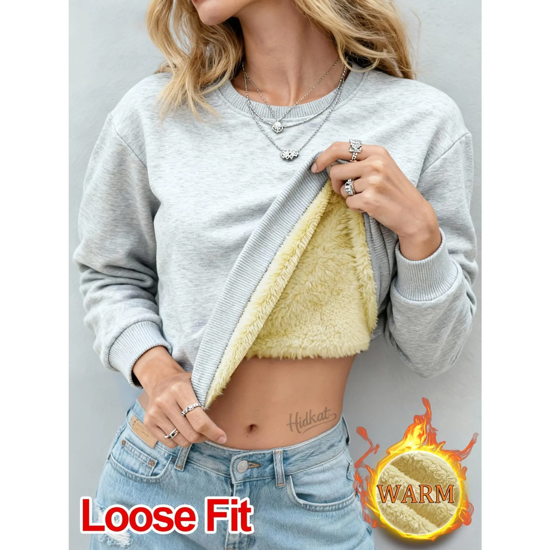 Women’s Fleece Lined Crew Neck Sweatshirt | Minimal Casual Winter Streetwear Top, Soft Sherpa Lining, Loose Relaxed Fit, Ribbed Cuffs & Hem, Daily Outings, Travel & Cold Weather Loungewear