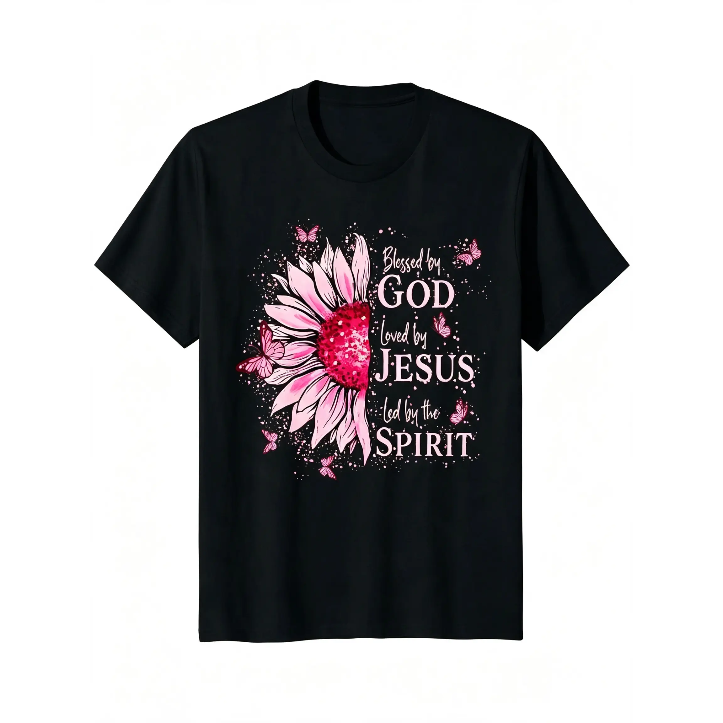 Blessed By God - Loved By Jesus Pink Sunflower T-Shirt