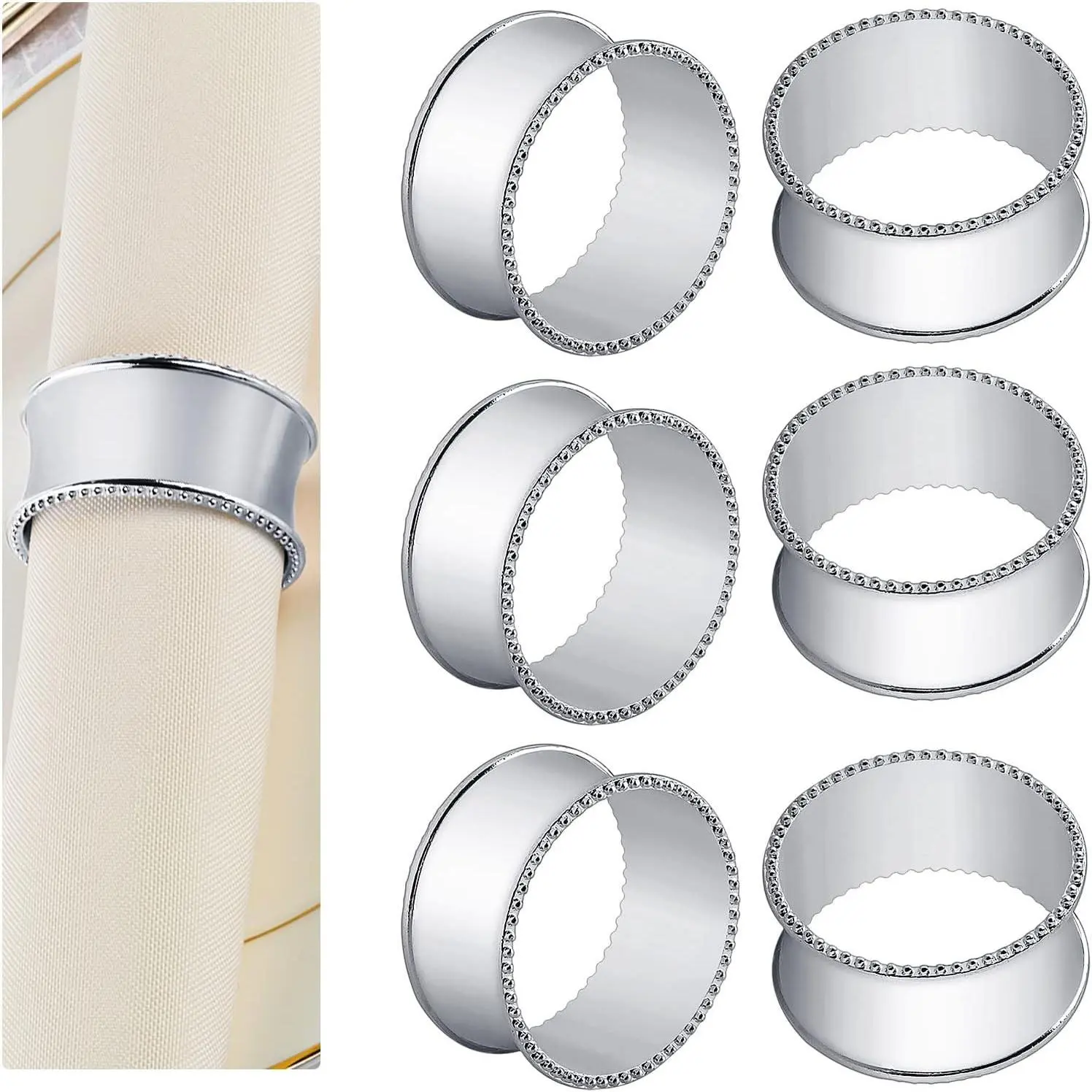 6 Pcs Stainless Steel Bead Side Napkin Rings, Silver Delicate Serviette Buckles