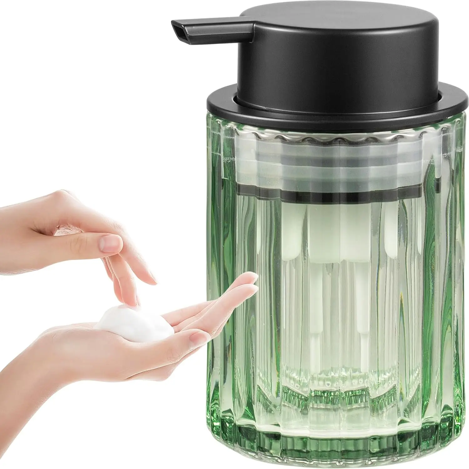 Foaming Soap Dispenser, 8OZ Green Glass Soap Dispenser with Plastic Pump, Refillable Hand Soap Dispenser for Bathroom, Kitchen, Shower, Lotion, Dish Soap Dispenser, Home Decor, Black 1 Pack