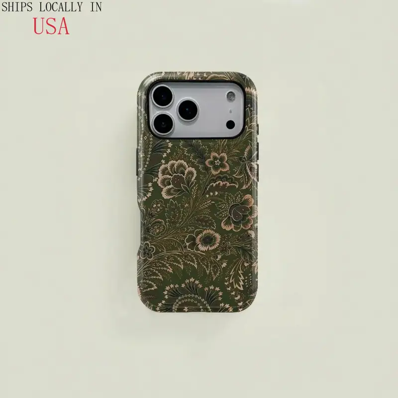 Dark green retro elegant floral paisley pattern protective case, sturdy and durable 2-in-1 case, compatible with iPhone 17/16/15/14/13/12/11 Pro Max/Plus/Pro, Samsung Galaxy S26/S25/S24/S23 Ultra series, simple and stylish phone case.