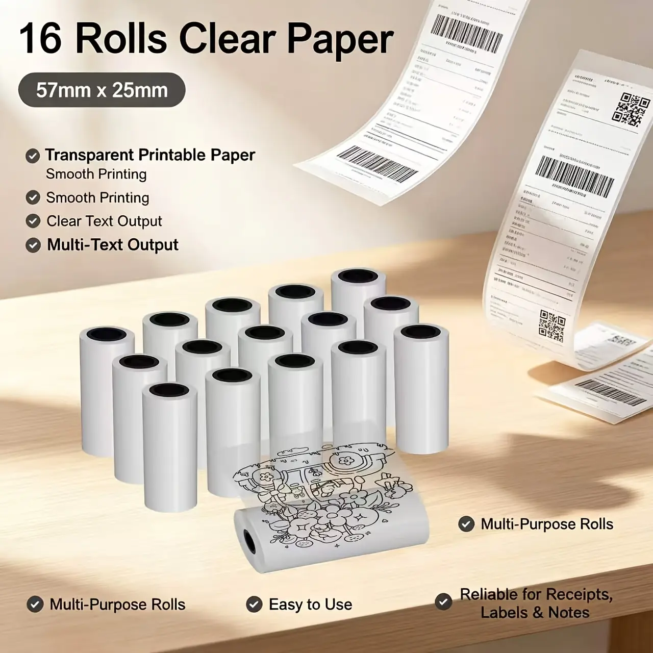 16 rolls of 57x25mm transparent thermal adhesive labels; 57mm-wide, smooth, ink-free transparent thermal paper capable of producing clear text and barcodes/QR codes. This versatile, easy-to-use paper is suitable for mini portable printers, shipping labels