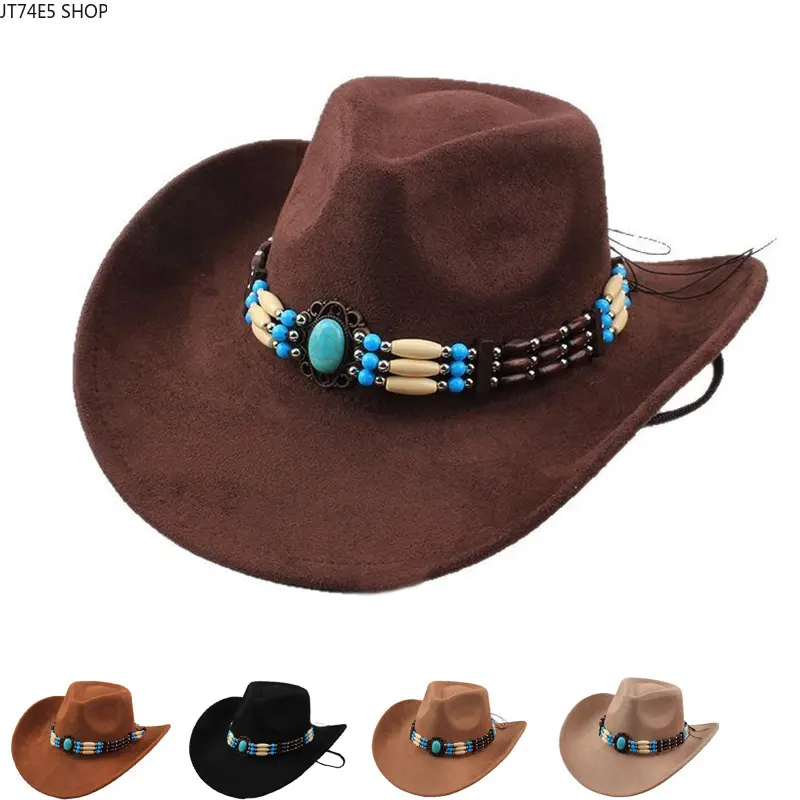 European & American Fashion Faux Leather Velvet Felt Jazz Hat, Unisex Wide Brim Versatile Top Hat, Classic Cowboy Style Hat for Men & Women