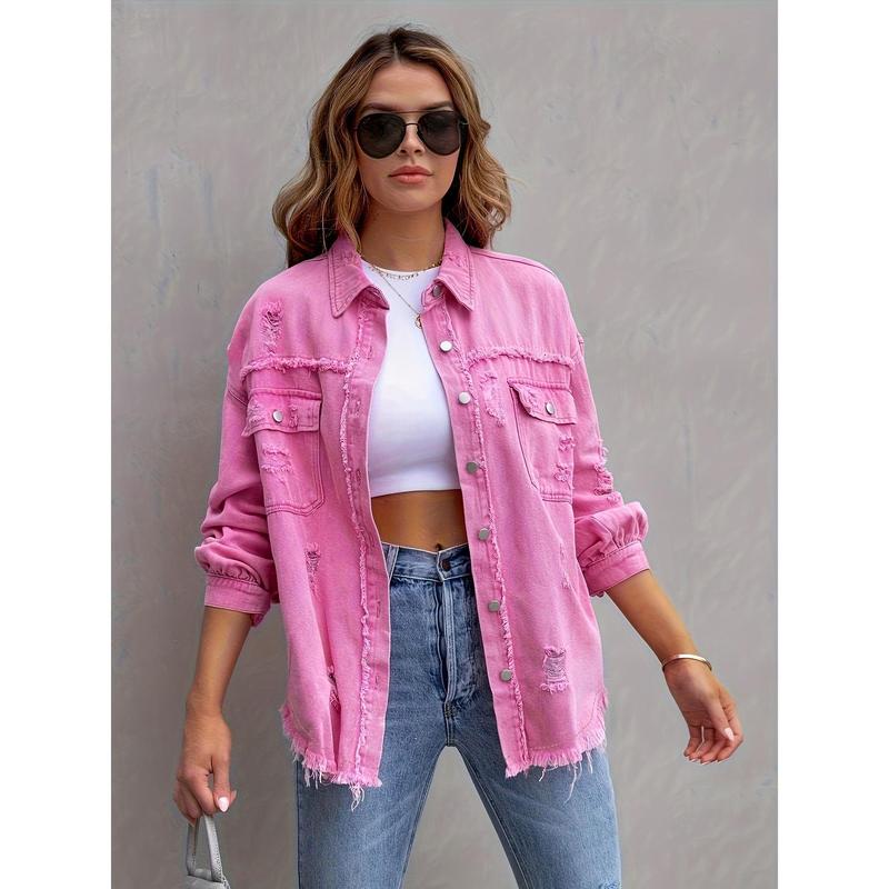 Womenswear Solid color mid-length ripped long sleeve denim jacket distressed shacket Fashion Casual Comfort denim bomber jacket Tops Shirt Vintage Coat
