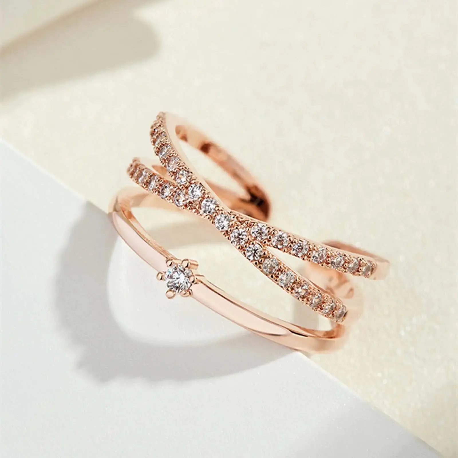 Zircon adjustable opening fashion cross double ring engagement wedding ring unisex couple gift party jewelry