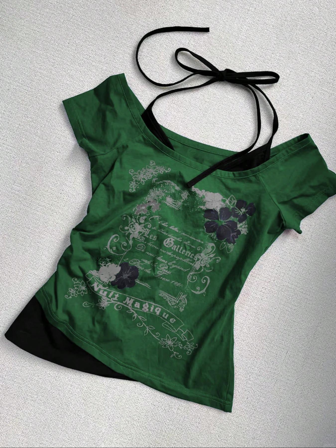 Women's 2 in 1 Floral & Letter Print  Halter Tee, Y2k Casual Top for Summer, Ladies Clothes for Daily Wear