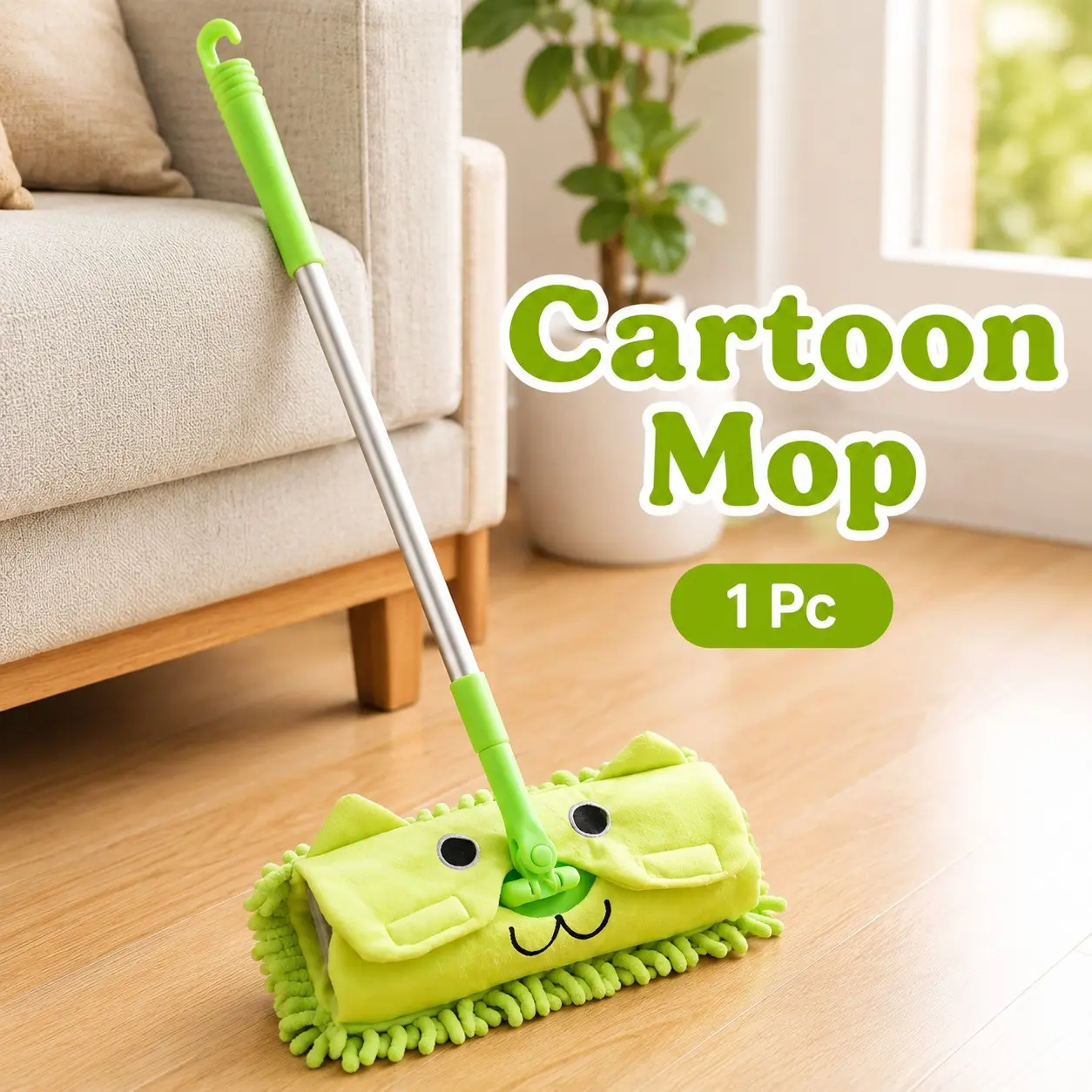 1-Pack Cute Cartoon Chenille Flat Mop, Adorable Animal Style Microfiber Dust Cleaning Mop with Long Handle for Home Floors, Dorms & Kids’ Rooms