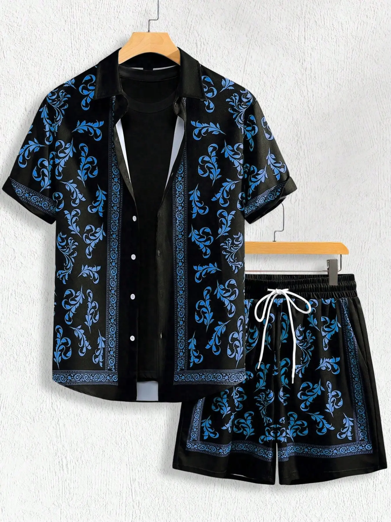 Men's Summer Casual Two-Piece Set, Vintage Baroque Floral Print Short Sleeve Button Shirt and Elastic Waist Drawstring Shorts, Beach Vacation Outfits Set