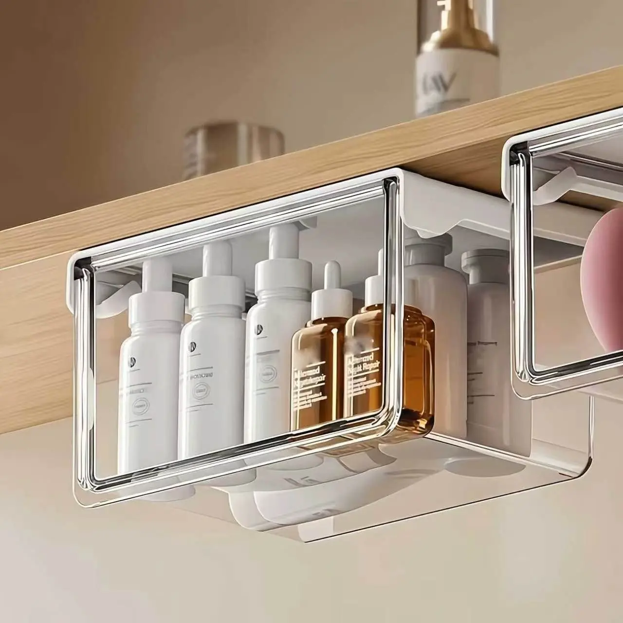 2pcs Acrylic Cosmetic Storage Box, Clear Acrylic Storage, Extendable Organizer, No Drilling, Hanging Installation, Minimalist Bathroom Cabinet, Drawer Pull-Out Shelf, Acrylic Storage Container, Acrylic Storage Boxes