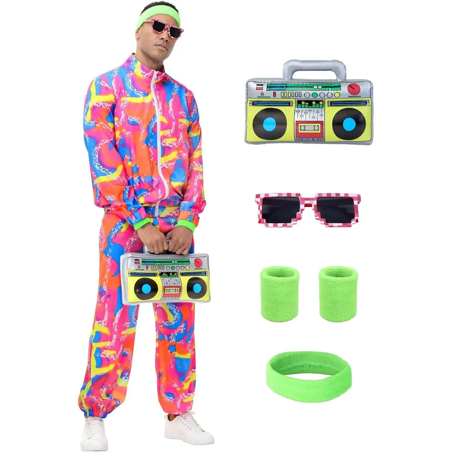 Men's 80s Outfit Neon Retro Tracksuit Halloween Costume - Unisex Colorful Tracksuit Set with Retro Accessories, Perfect for Couples Costumes, Dance Parties & 80s Celebrations(Gift)