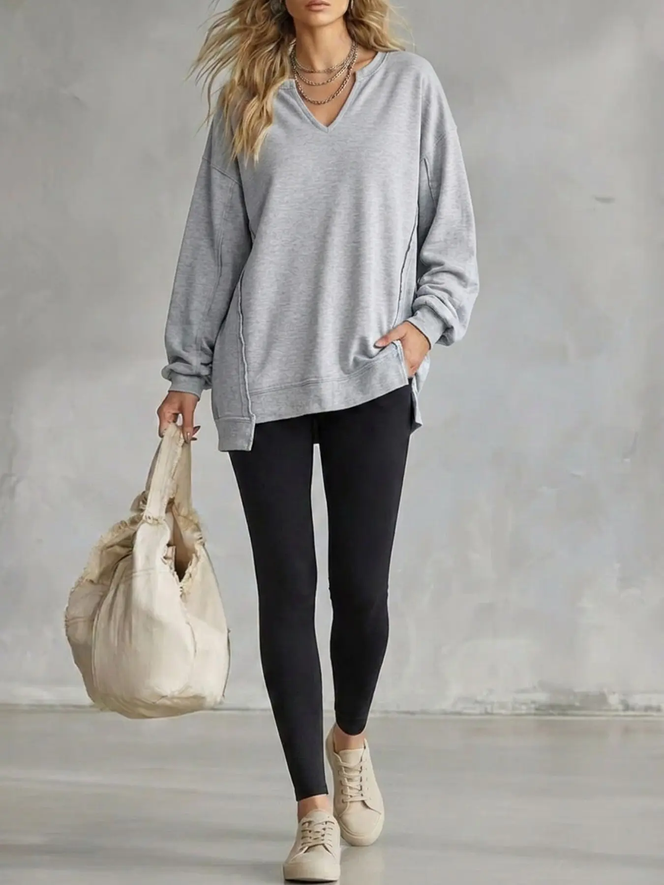 Women's Small V-Neck Loose Fit Oversized Long Sleeve Sweatshirt, Minimalist Casual Streetwear, Home Relaxation, Comfortable Fall Winter