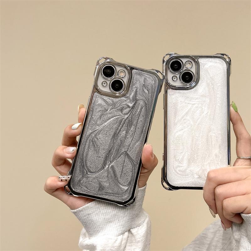 Silver Plated Four-Corner Shockproof Phone Case for iPhone 17 Pro Max 16 15 Pro Max 14 Plus 13 12, Minimalist Pearlescent White & Cement Gray Silicone Cover, Trendy Luxury for Women