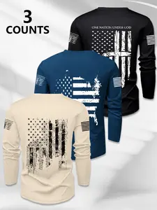 Men's 3-Pack Vintage American Flag Cross Print Long Sleeve T-Shirts, Sporty Slim-Fit, All-Seasons, Unlined, with Collar, No Button