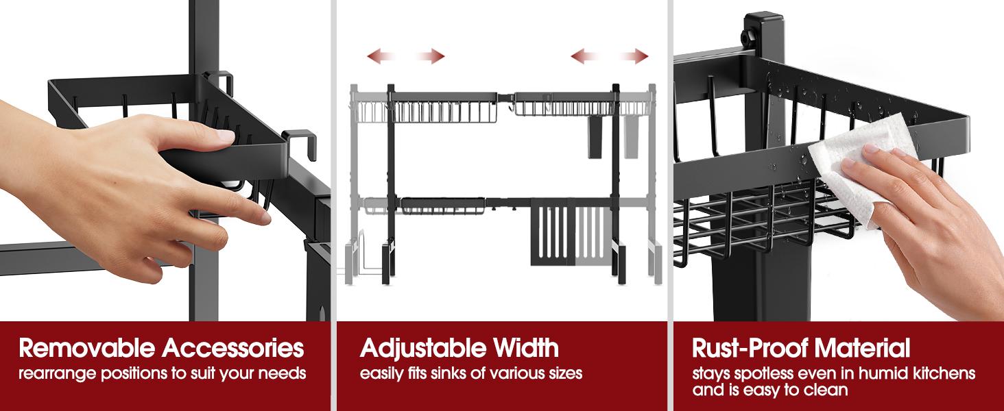 Over The Sink Dish Drying Rack - Adjustable 2 Tier Large Capacity Stainless Steel Drainer with Cutlery & Utensil Holders, Kitchen Storage & Organization, 30"-33.9" L x 11" W x 21.5" H, Black