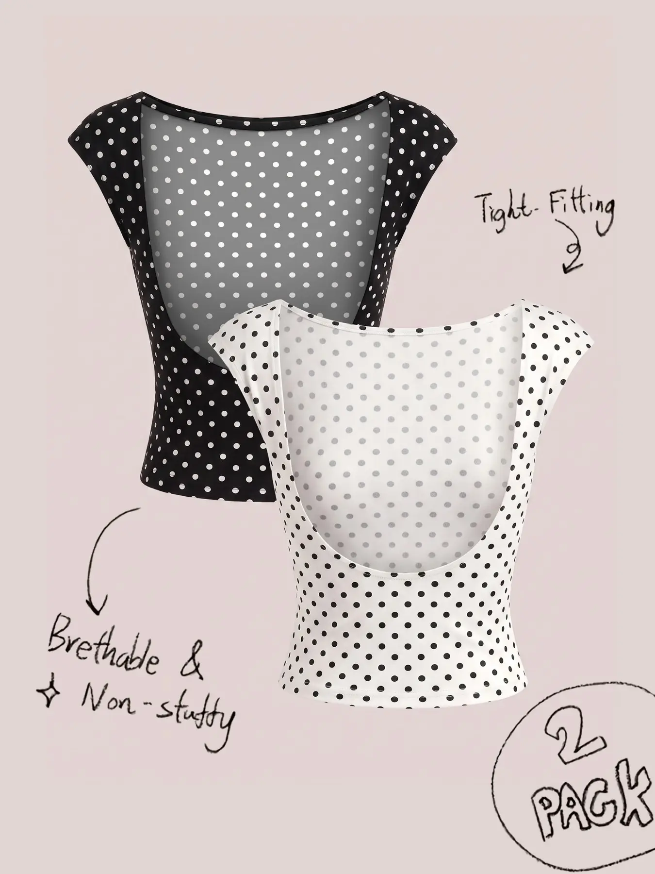 Women'S Black White Polka Dot 2 Pack Boat Neck Cap Sleeve Shirts, Low Back Stretchy Slim Crop Tops, Cute Vintage Going Out Tops For Vacation Hangout Weekend Casual Wear