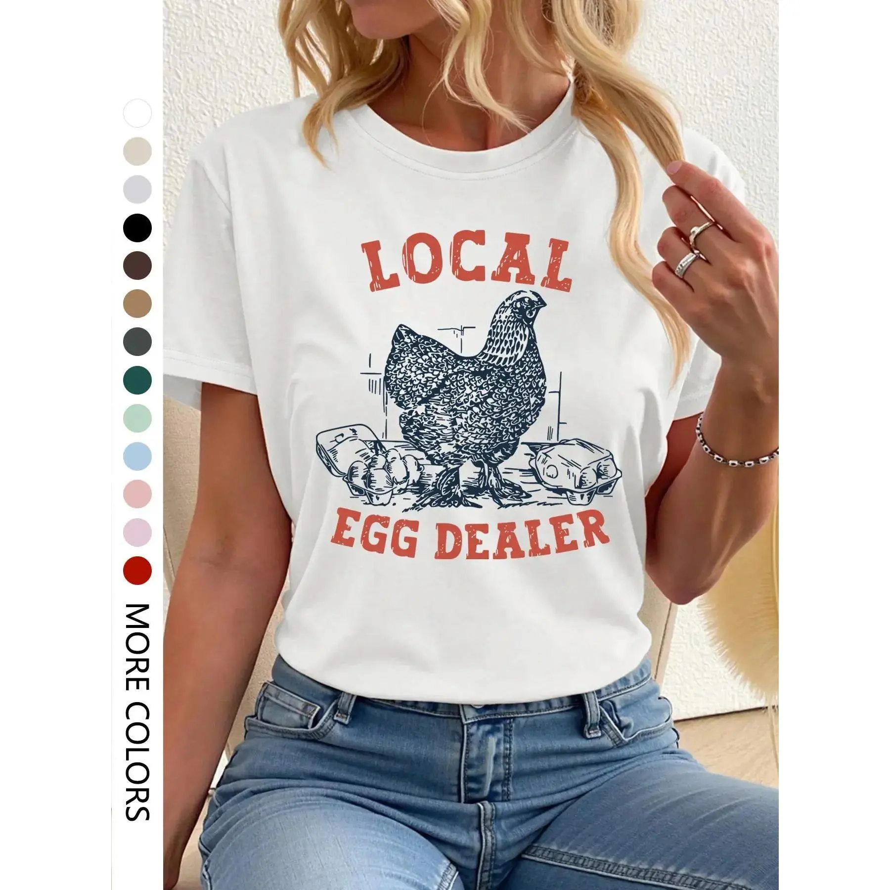 Women's Chicken Print Round Neck Tee, Casual Short Sleeve T-Shirt for Daily Wear, Soft Lightweight All-Season Ladies Top, Cute Relaxed Fit Also Perfect for Loungewear & Sleepwear