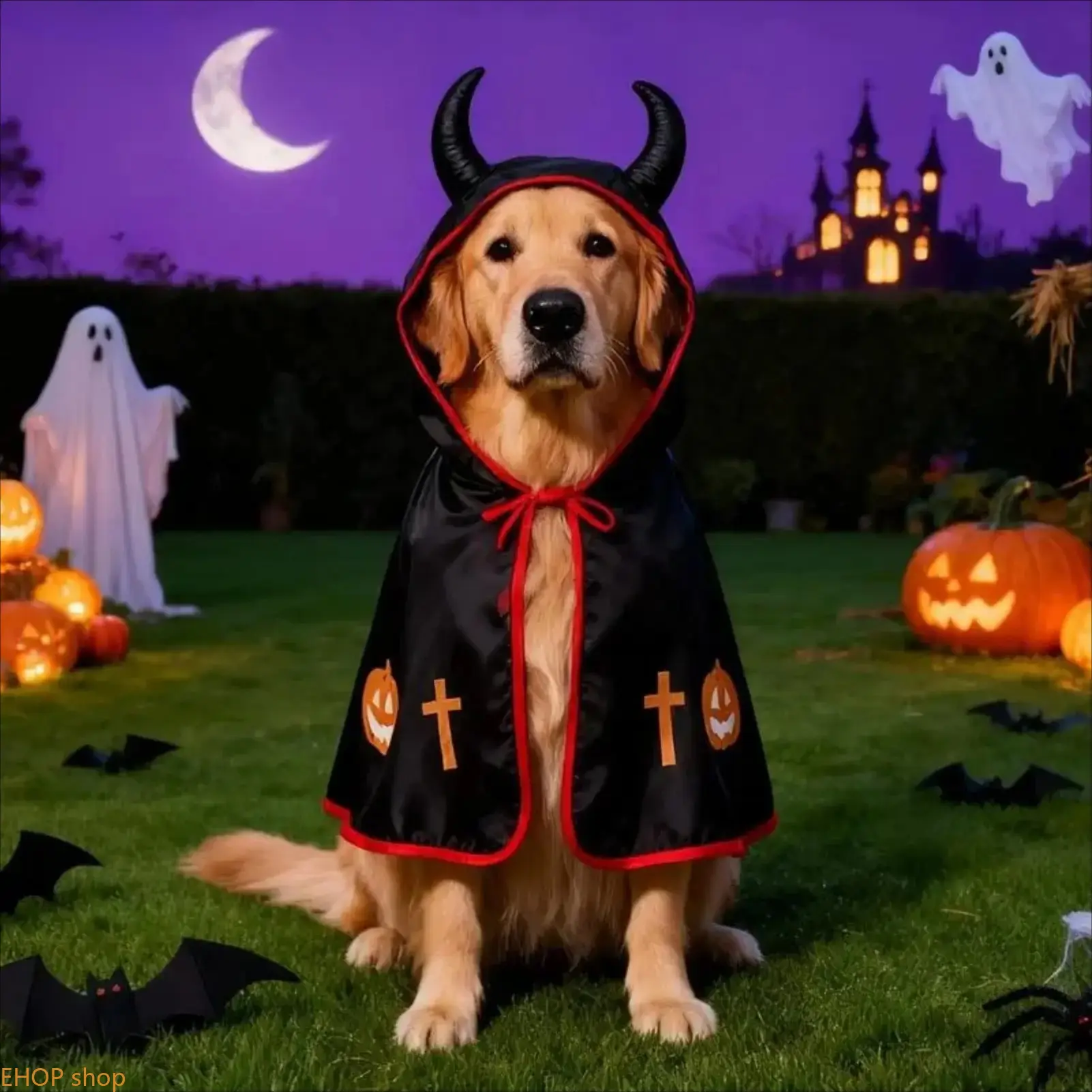 Kawaii Cute Pet Devil Cape, Pumpkin Print Halloween Fun Costume for Dogs & Cats, Easy Wear Holiday Party Photo Prop Outfit