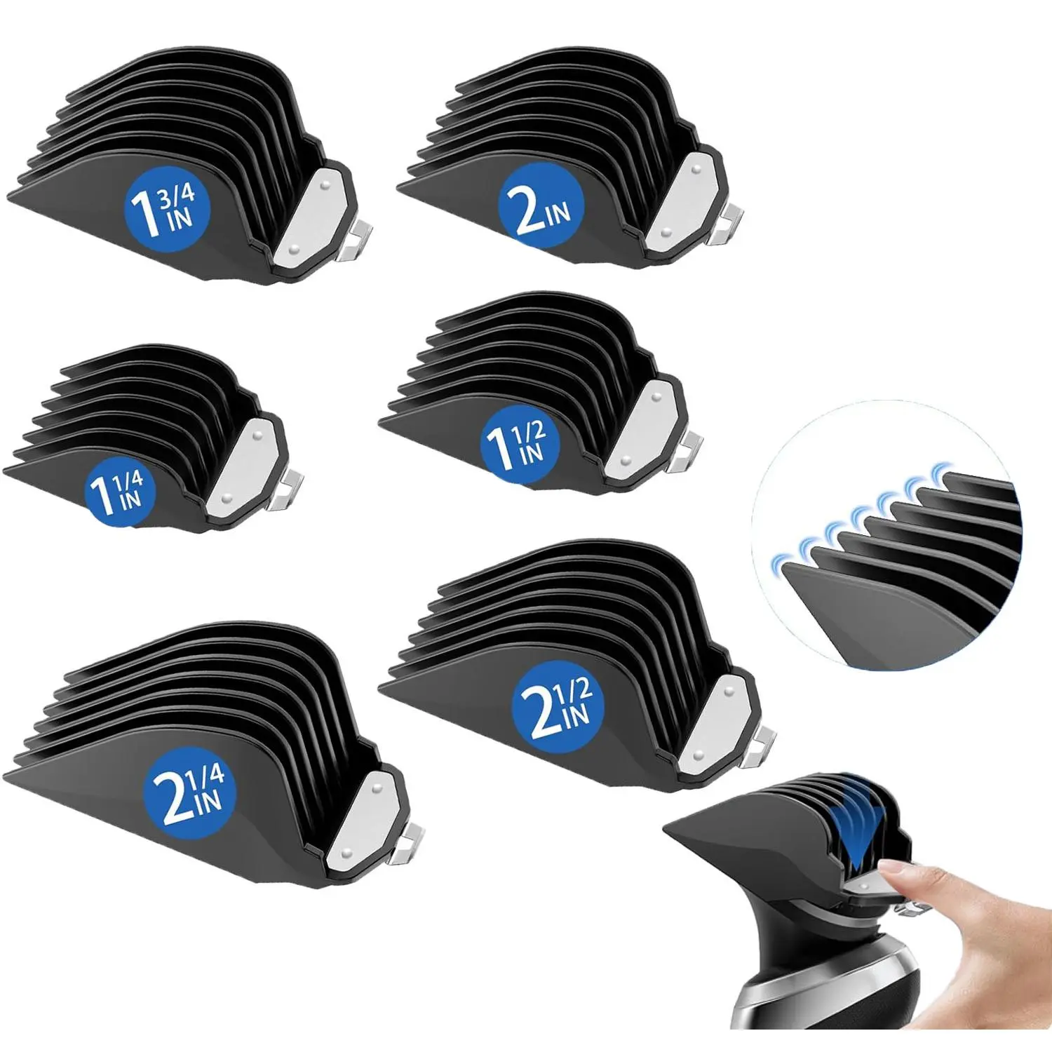 6Pcs Metal Clip Hair Clipper Guards Set, 1.25/1.5/1.75/2/2.25/2.5 Inch#10/#12/#14/#16/#18/#20 Replacement Guide Combs, Black Durable Trimmer Attachments for Corded & Cordless Full Size Hair Clippers