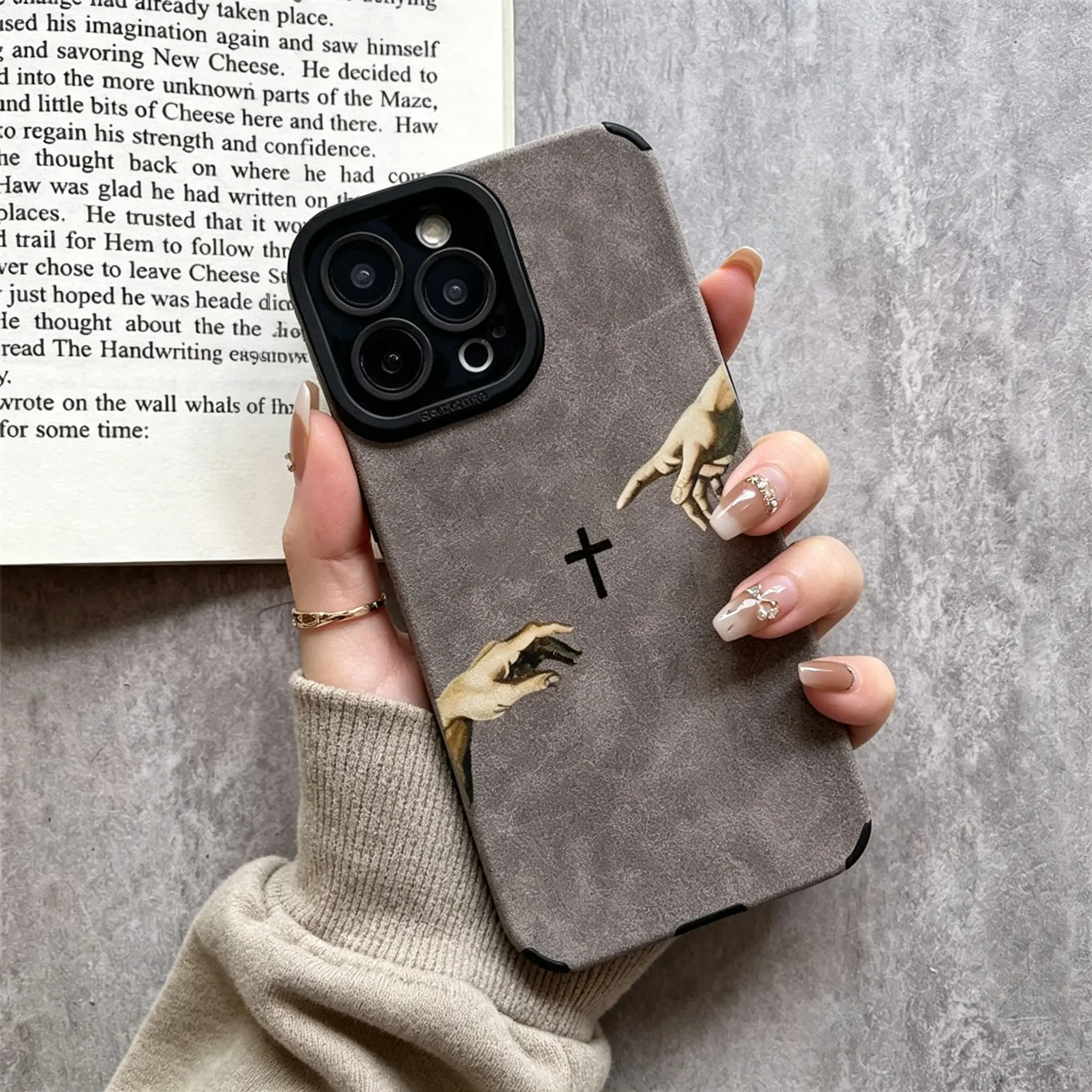 Aesthetic God's Hand Catholic Print Faux Fur Leather Phone Case - Shockproof Anti-Drop Protection, Precise Camera Cutouts, Unisex Religious Soft Cover Compatible with iPhone 17 Pro Max/17 Air/16 Plus/15 Pro/14/13/12/11/X/XS Max, Smartphone, Handheld, Cell