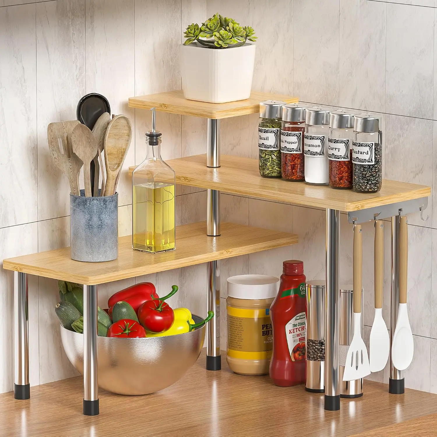 Adjustable 3-Tier Rectangle Stainless Steel & Plastic Corner Counter Shelf with 4 Hooks - Easy Cabinet Installation, Kitchen Counter Organizer for Salt, Bathroom Over-Sink Organizer for Makeup & Skincare, Adjustable Tiers