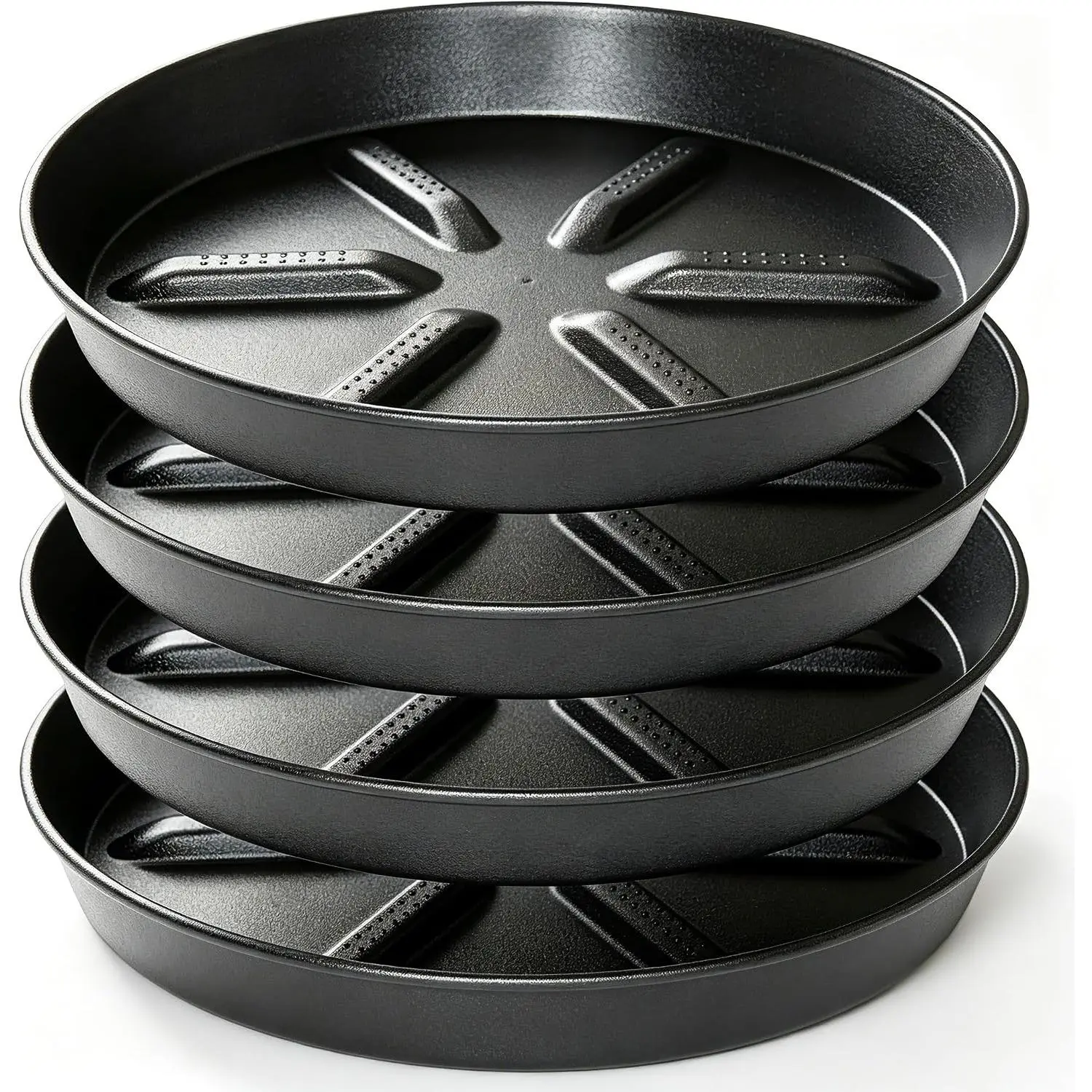 Multi-Size Thick Plastic Plant Saucers with Raised Center Design - Stacked Packs Drainage Drip Trays for Indoor Outdoor Planters (6/8/10/12/14/17 in, 4-Pack 6 in Option)
