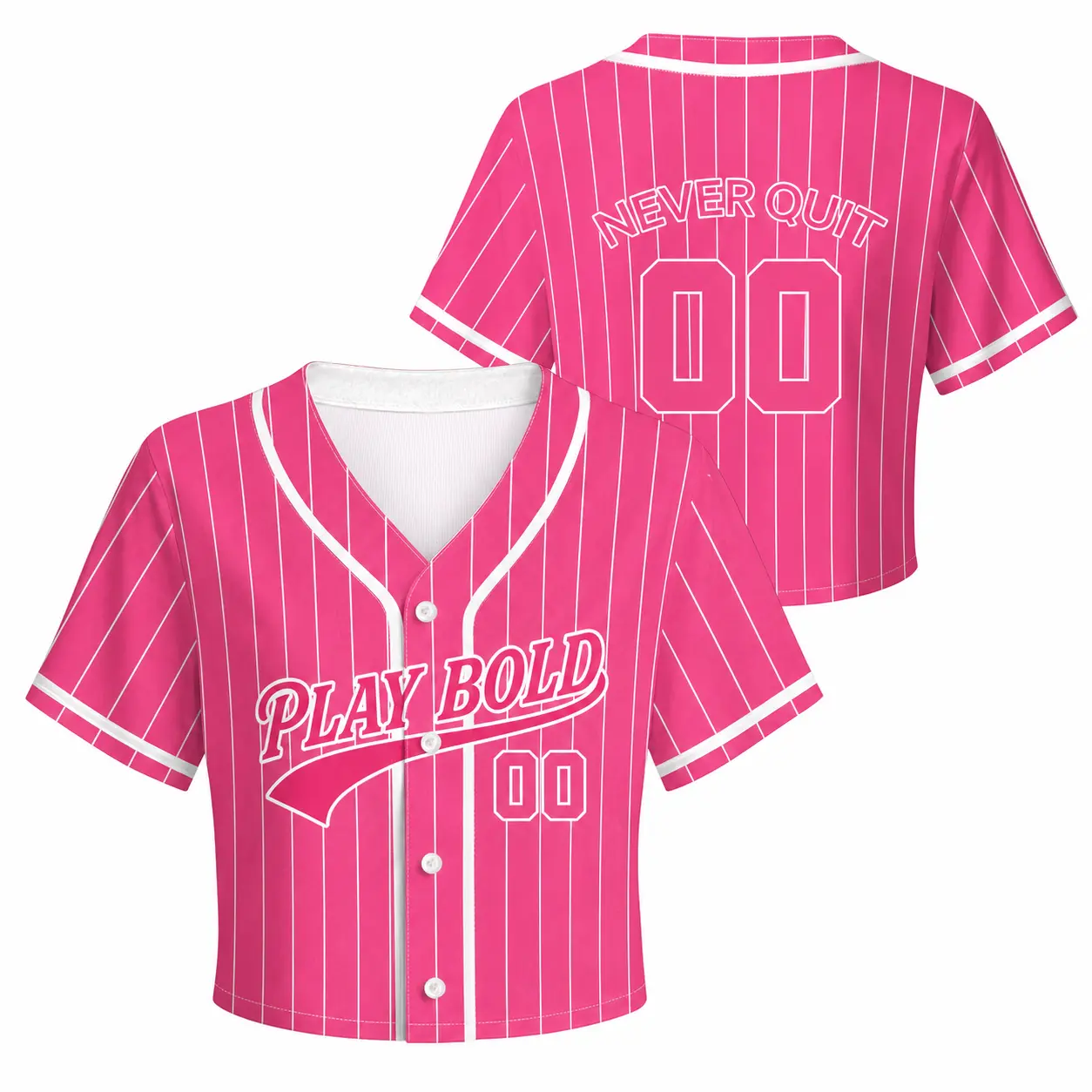 Women's Pink Pinstripe Baseball Jersey Crop Top Shirt, Lightweight Breathable Button Down Short Sleeve Top with Play Bold & Never Quit Graphic, Y2K Sporty Varsity Streetwear for Game Day, Summer Outfits, Concerts, Parties, Casual Wear and Team Events