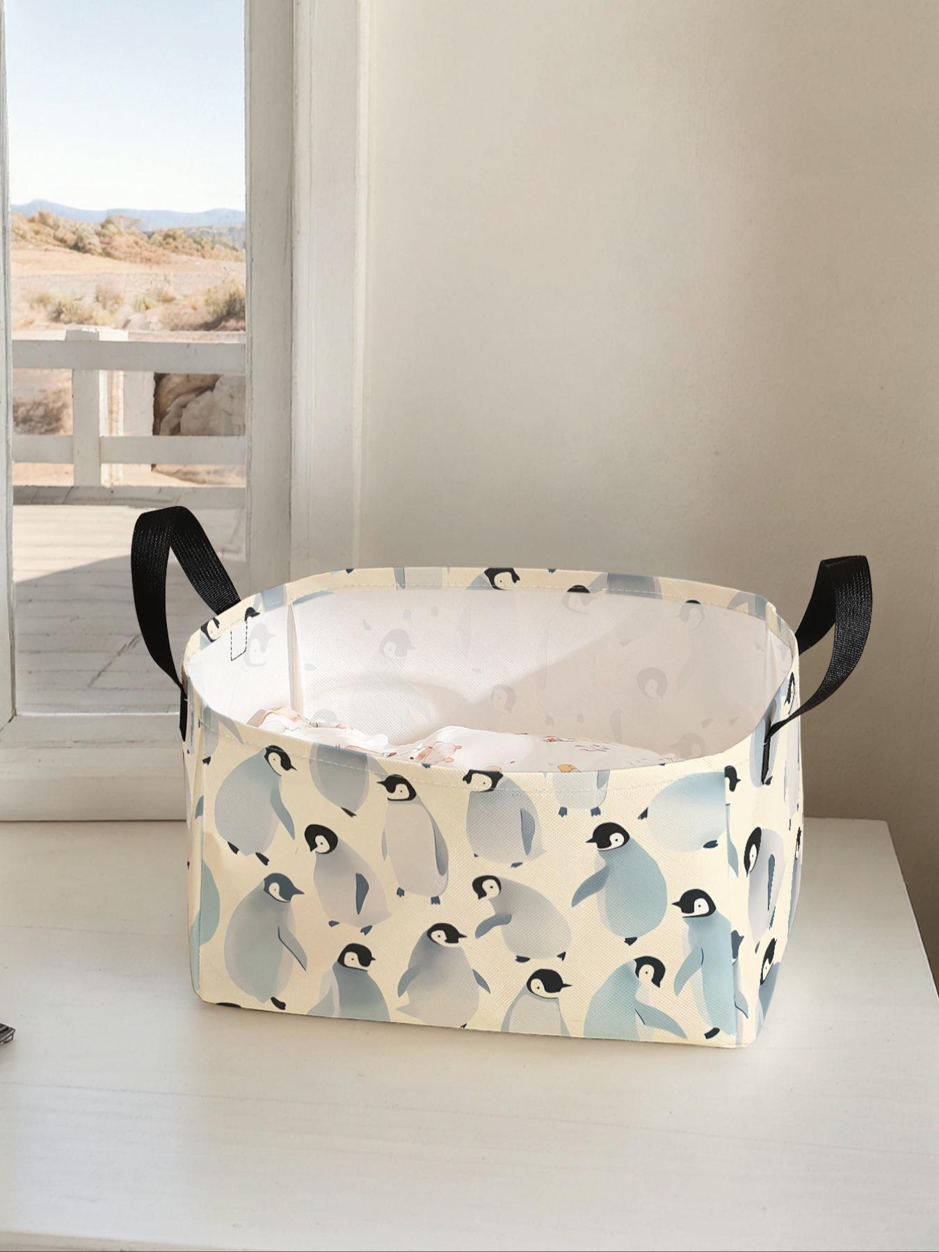 Penguin Pattern Printed Open Storage Box, Multi-functional Storage Basket with Handle, Foldable Clothing Storage Box, Clothes Baskets, Home Essentials