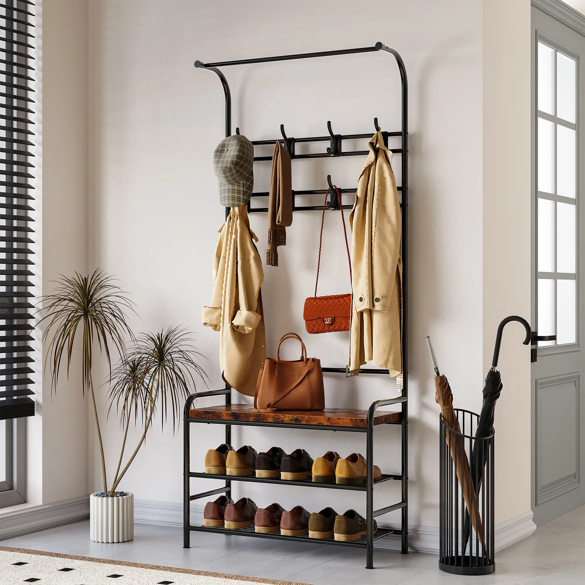 Hall Tree with Bench and Shoe Storage, Freestanding Metal Frame Coat Rack with 8 Hooks & Hanging Rod, Holds Coats, Requires Basic Assembly for Entryway, Living Room