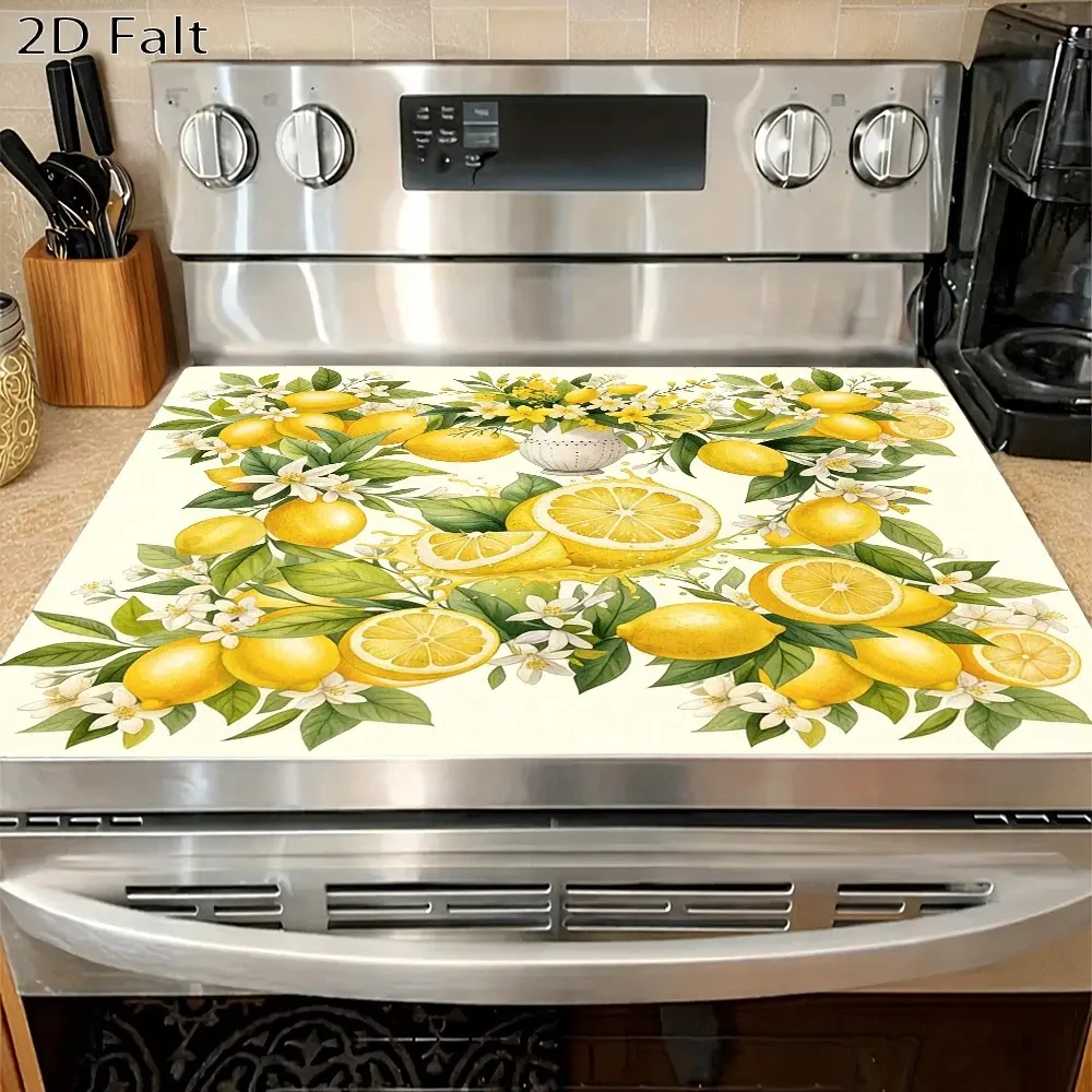 Fresh lemon flower pattern design rubber stove protective cover - heat-resistant, anti slip, absorbent, easy to clean, oven mat, refrigerator mat, kitchen stove cover, suitable for surface protection of ovens, washing machines and appliances