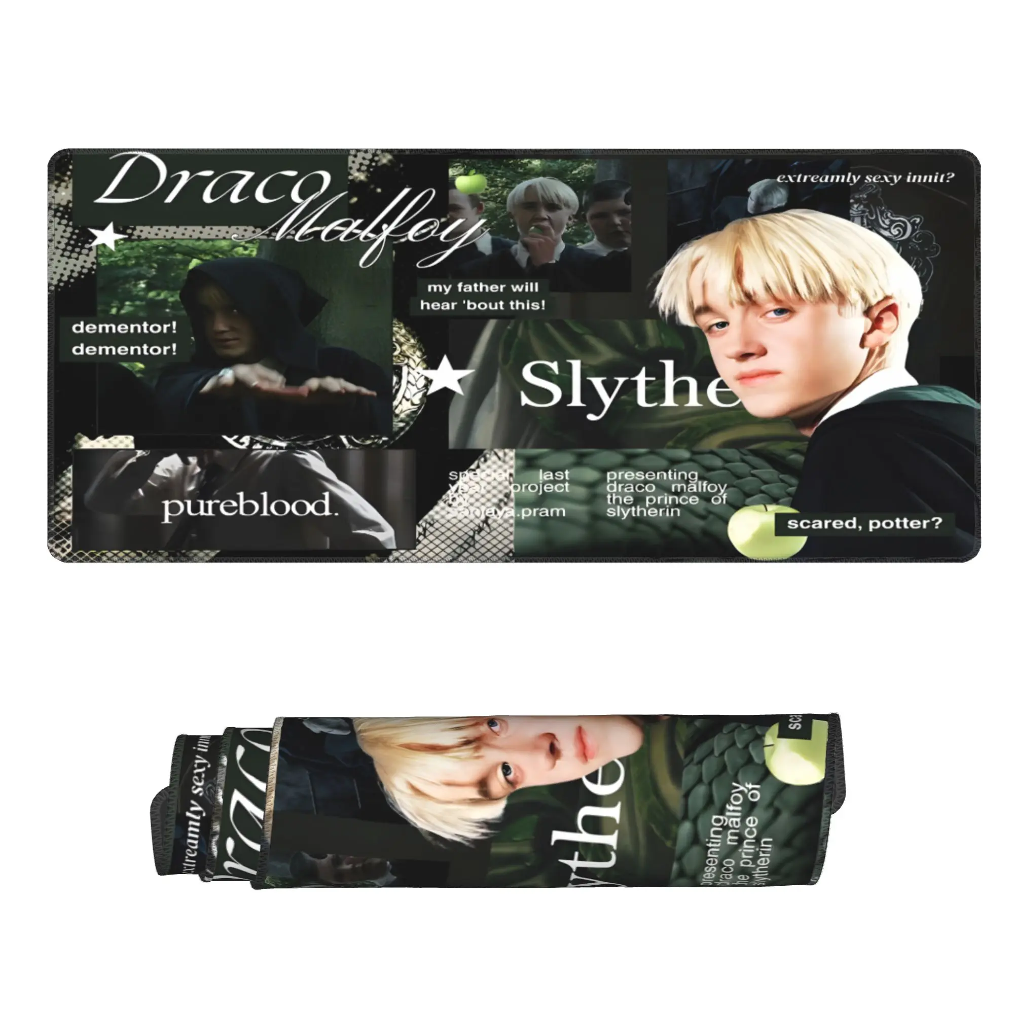 WB Draco Malfoy Gaming Mouse Pad, Slytherin Collage Photo Quote Print Desk Mat, Non Slip Rubber Base Keyboard Mat, Stitched Edge Waterproof Desktop Pad Gift for Harry Potter Wizarding World Fans