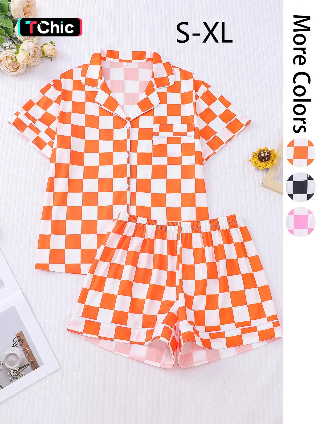 Women's All Over Plaid Print Short Sleeve Pajama Two-piece Set, Casual Comfy Lapel Neck Button Up Top & Shorts PJ Set, Ladies Sleepwear for All Seasons, Loungewear, Casual Pajamas Set, Casual Pajama Sets, Checkered Lounge Set, Casual Home Loungewear