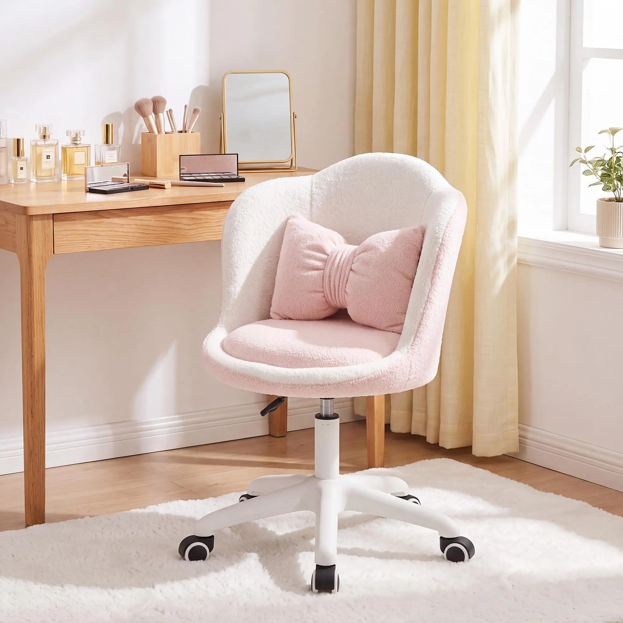 Petal Vanity Chair with Wheels, Ergonomic Desk Chair with Adjustable Height, Upholstered Swivel Task Chair with Pillow, Modern Home Office Computer Chair for Bedroom