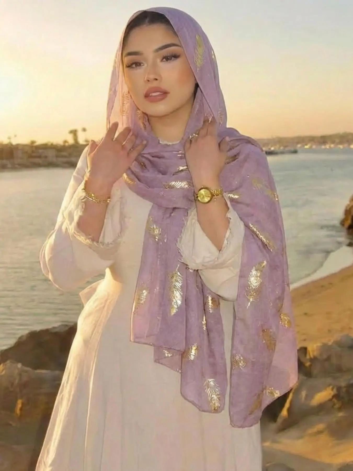 Classic Solid Color Wrap Hijab for Women, Gold Foil Feather Decoration Jersey Hijab, Soft Breathable Fabric, Ramadan Fashion, Head Scarf